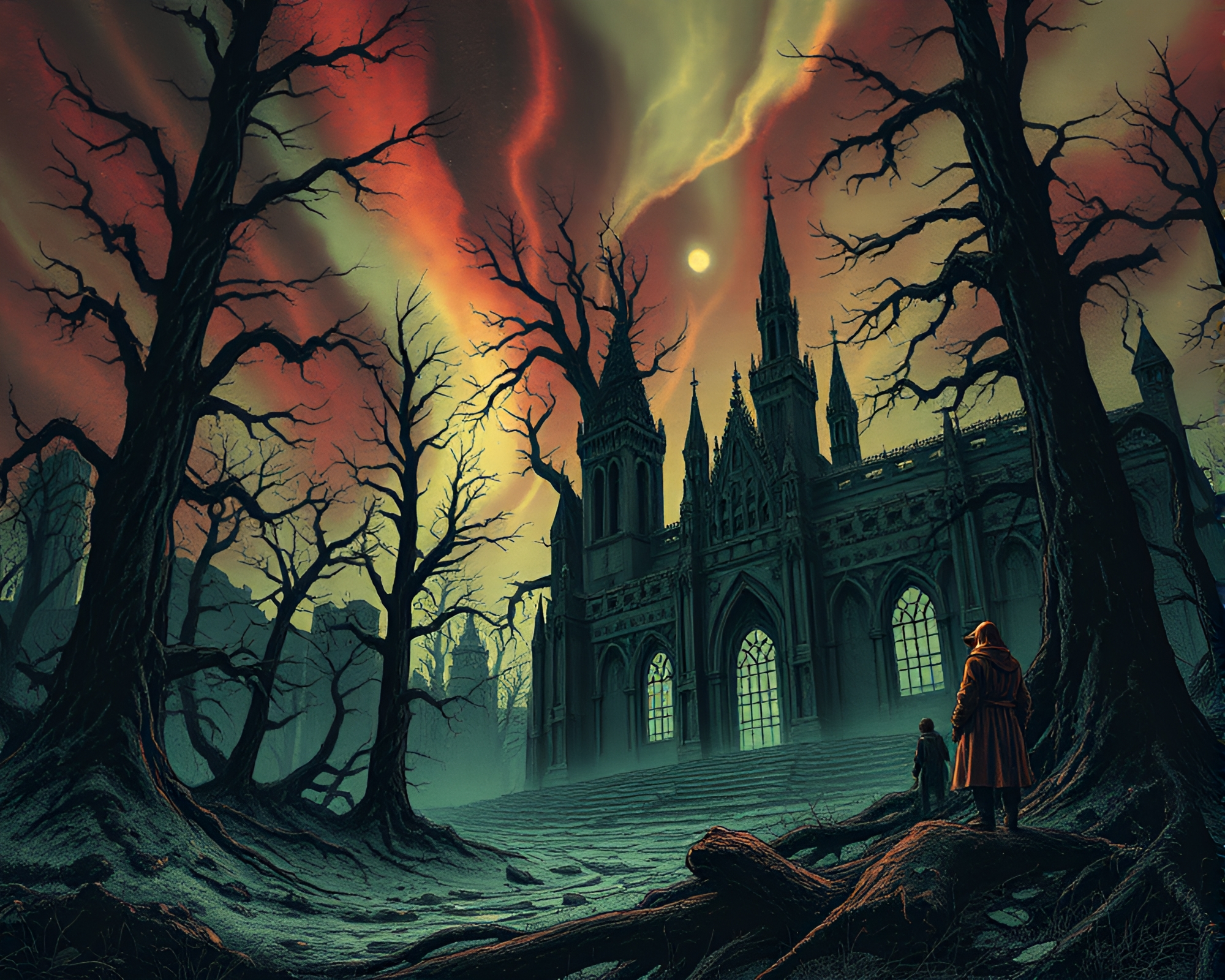 Eldritch Twilight: Duotone Lovecraftian Horrors in Aurora Hues – free AI stock image