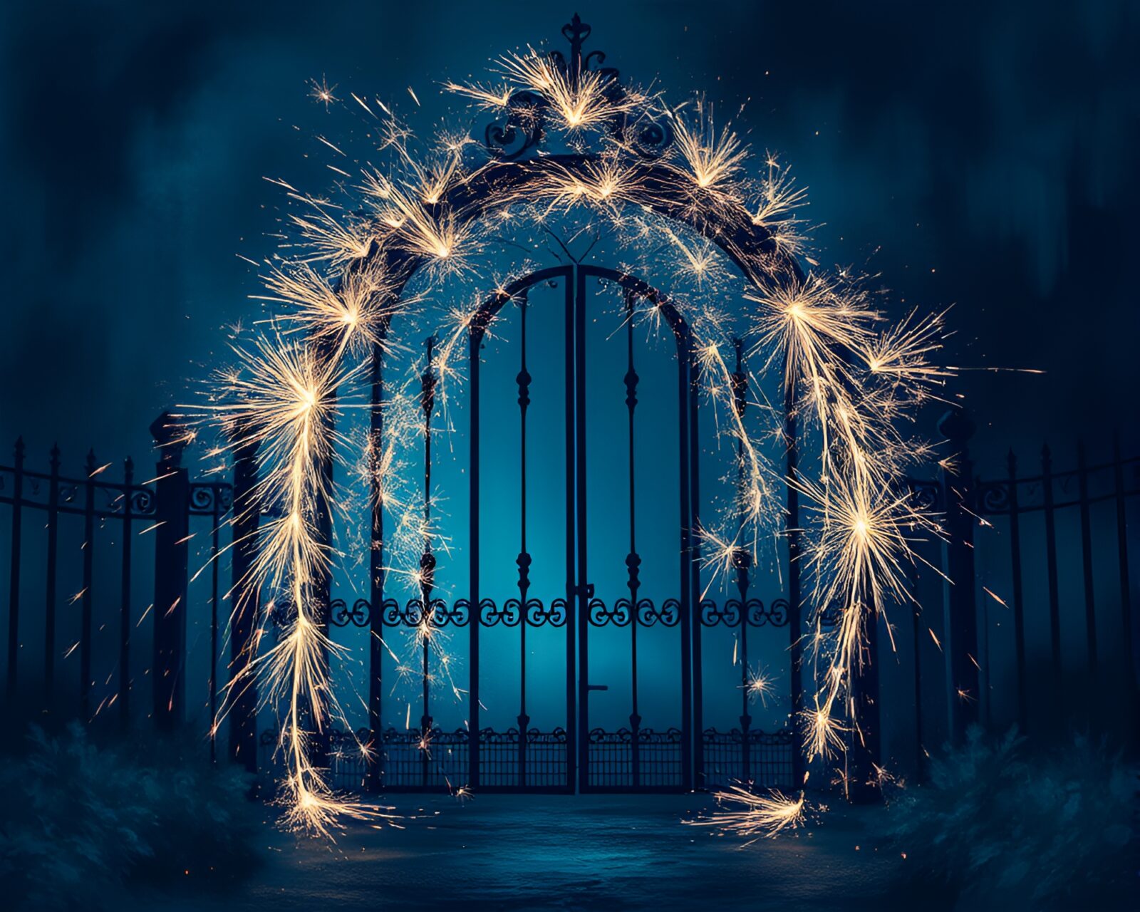 Digital painting of an indigo-hued mysterious scene with sparkler trails