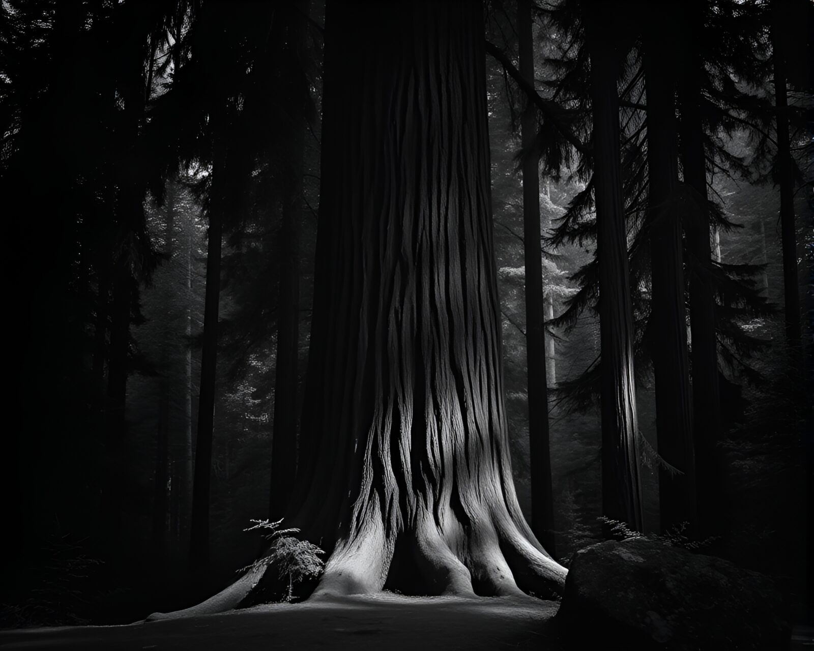 A desaturated gloomy image of a majestic redwood tree