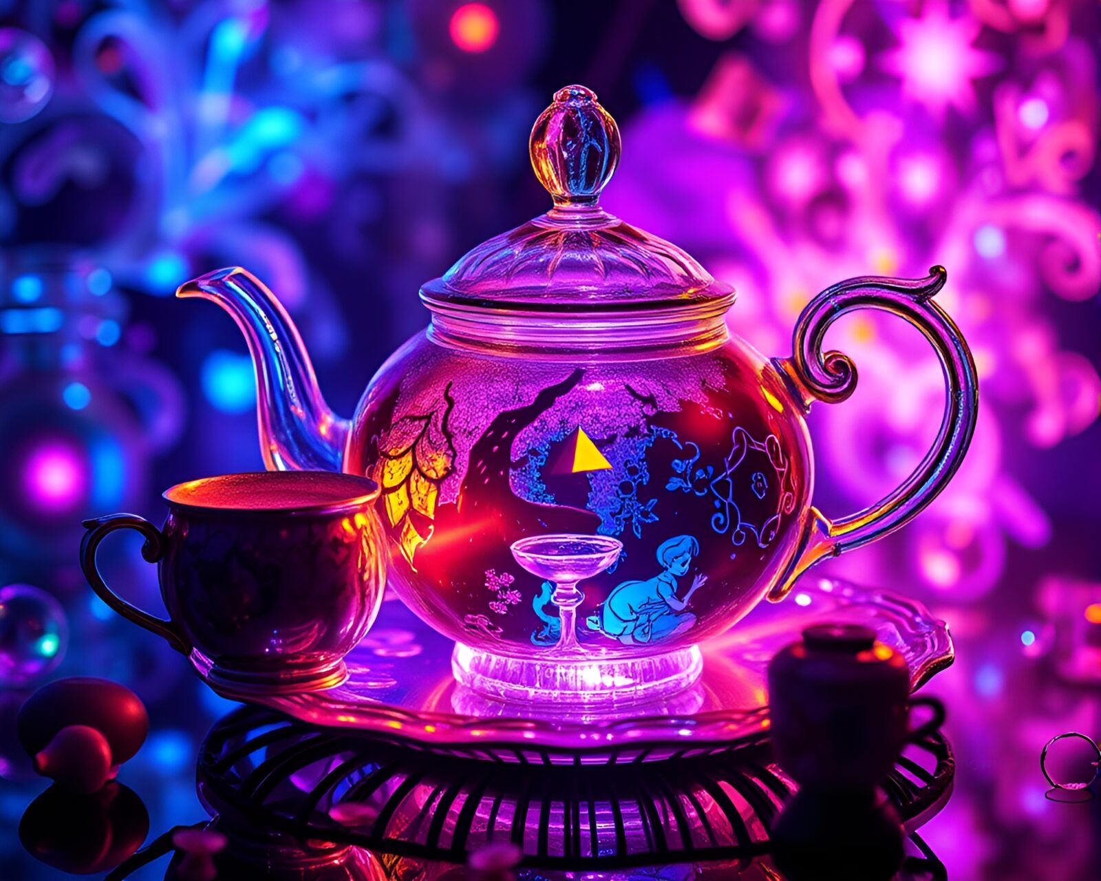 Fractal Alice in Wonderland tea set with fiber optic lights