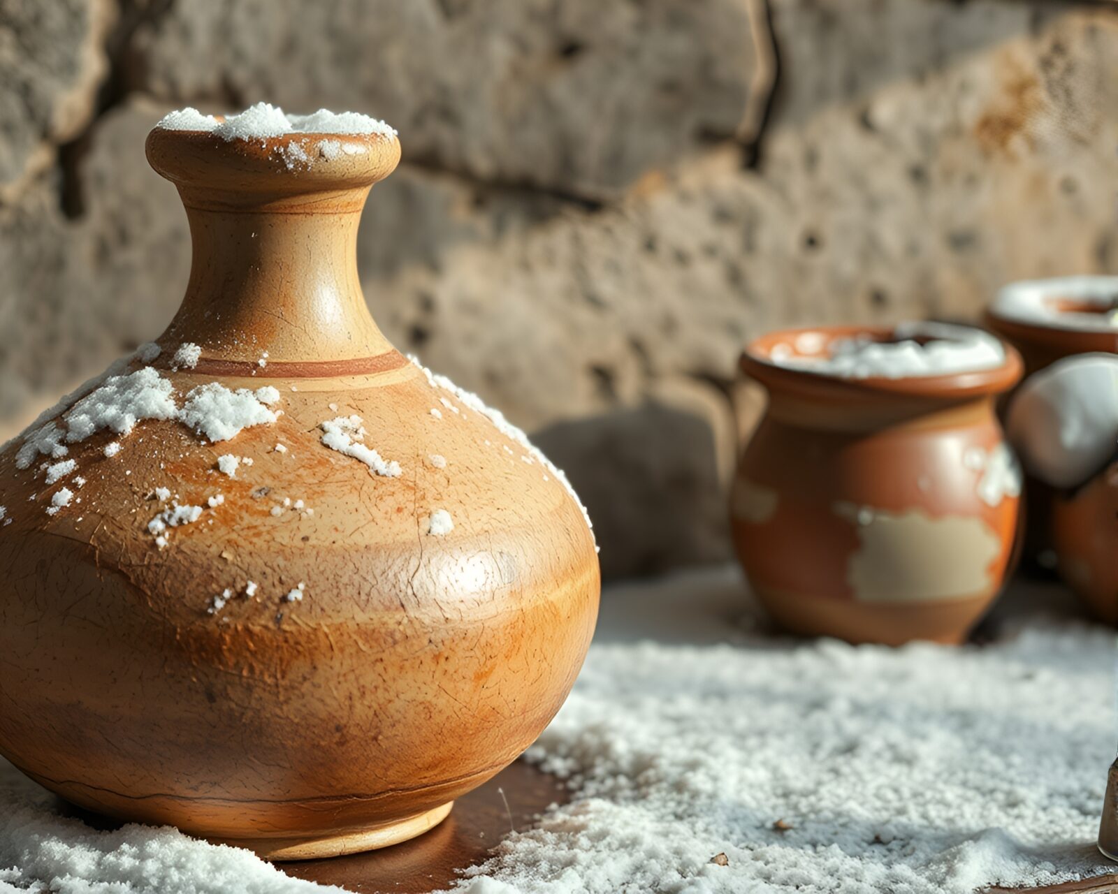 Snow-kissed light illuminating rusted pottery fragments in comic art style