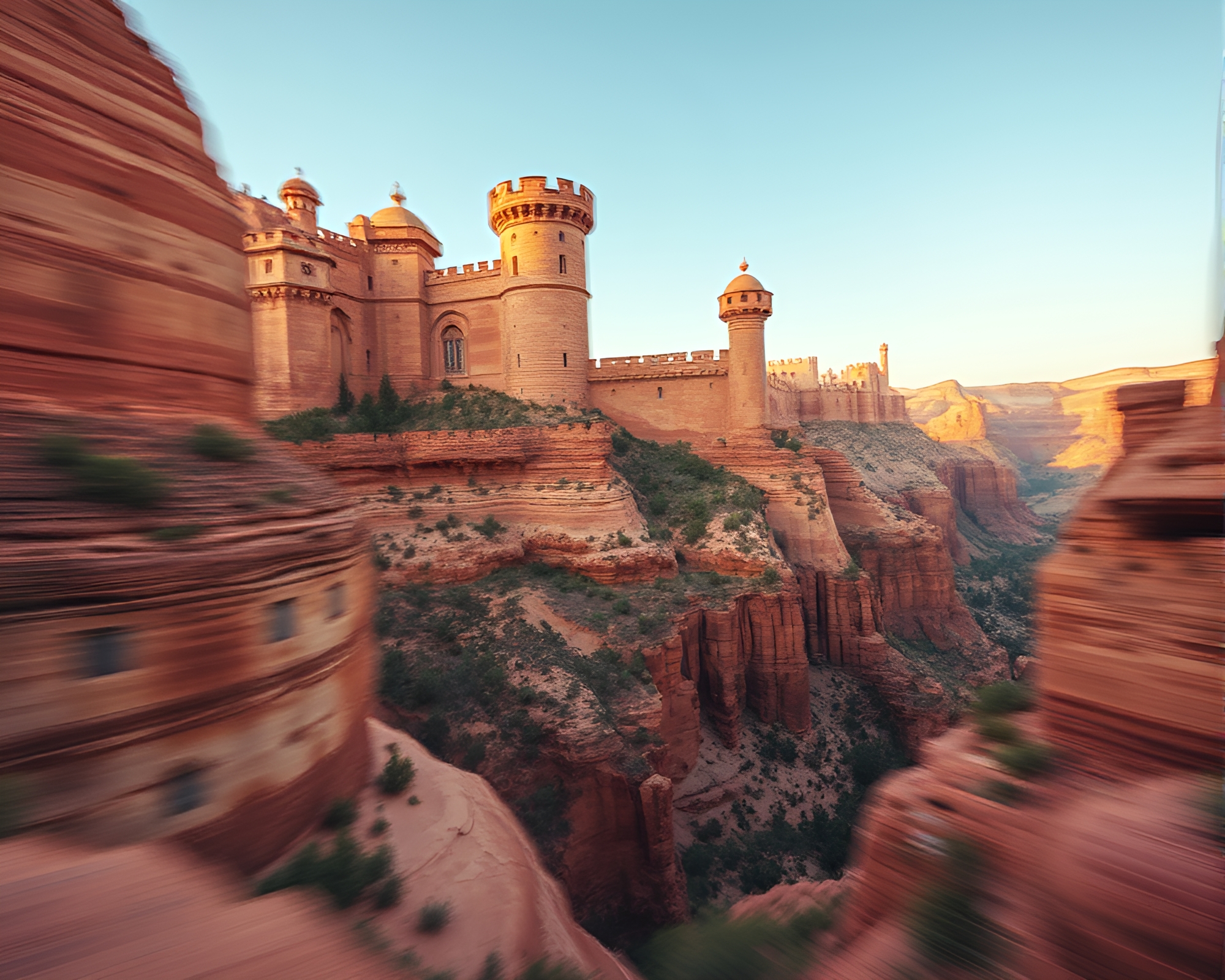 Castle Ruins Engulfed in Rust-Toned Canyon Mist – free AI stock image