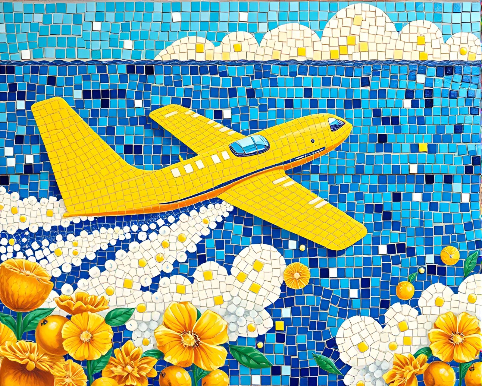 Vibrant lemon yellow sea plane mosaic mural painting