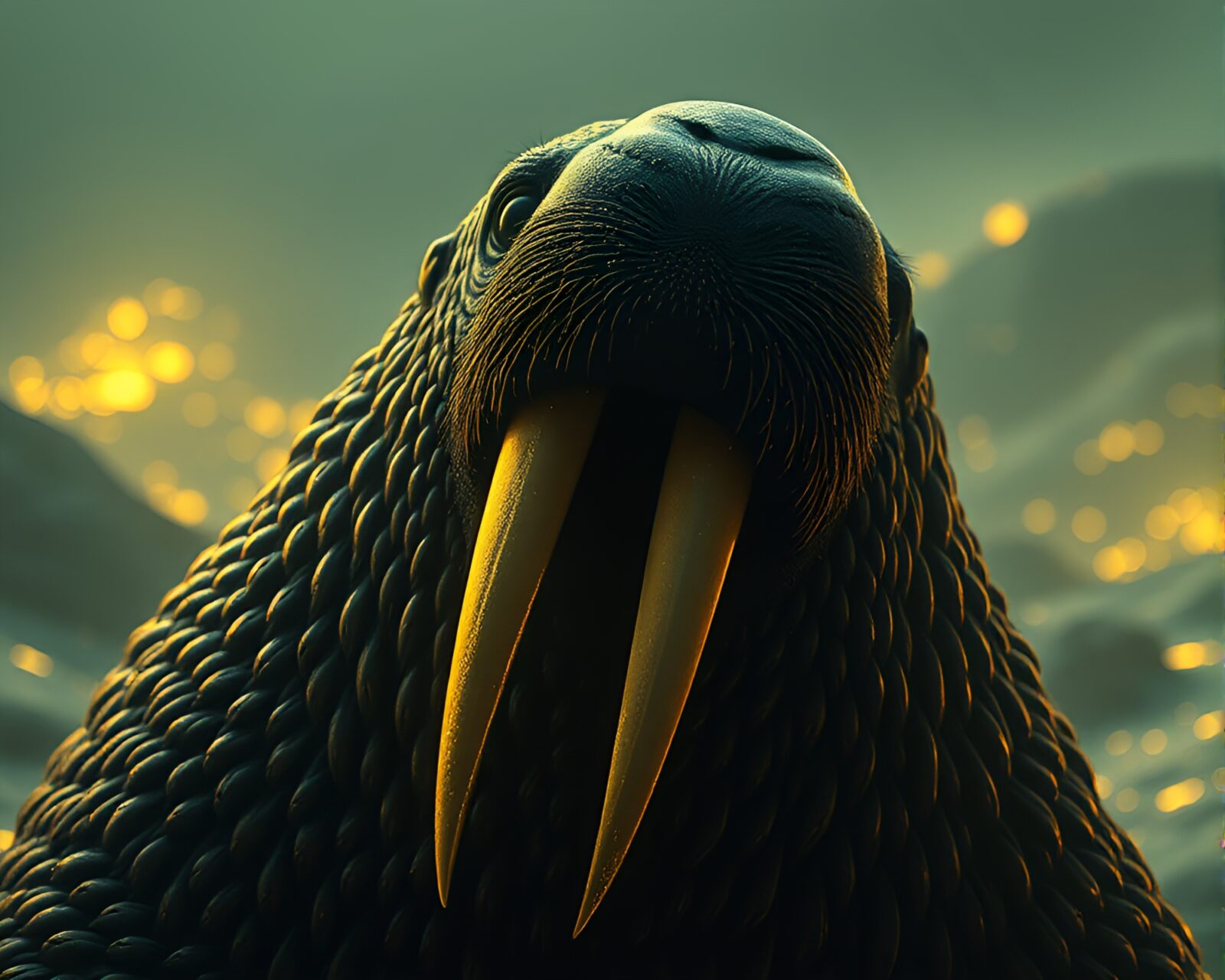 Underexposed image of a bold walrus with gold foil accents