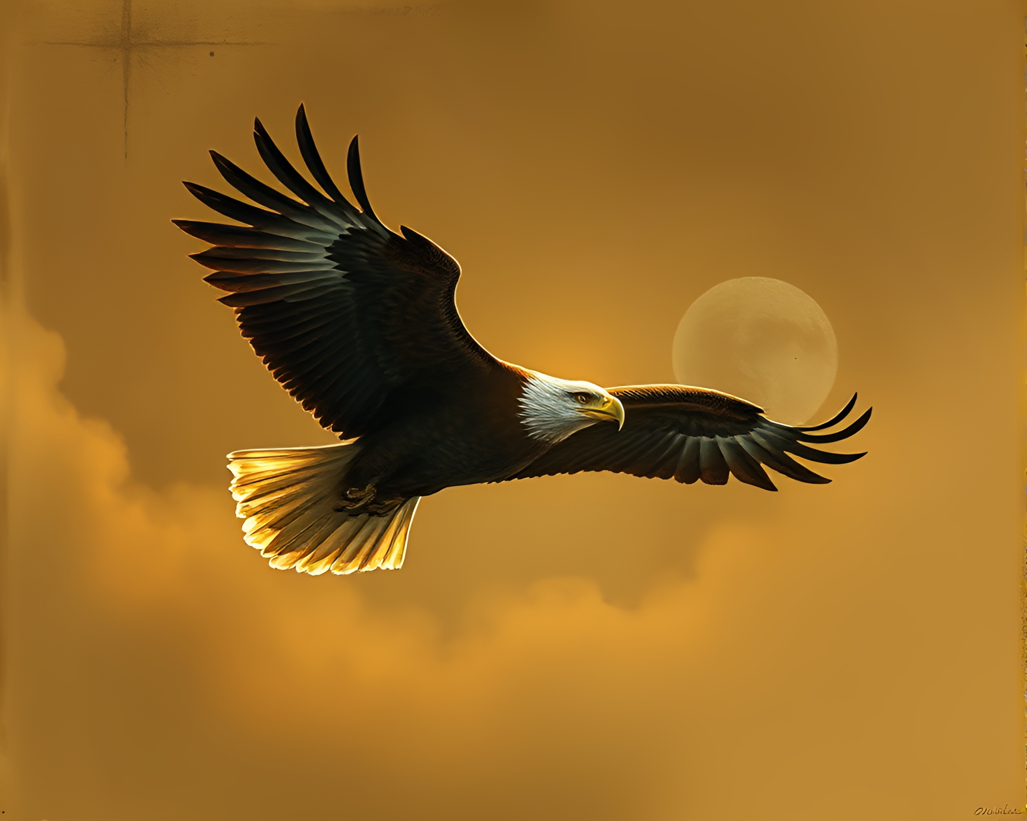 Eagle Soaring Through Muted Sun Glare – free AI stock image