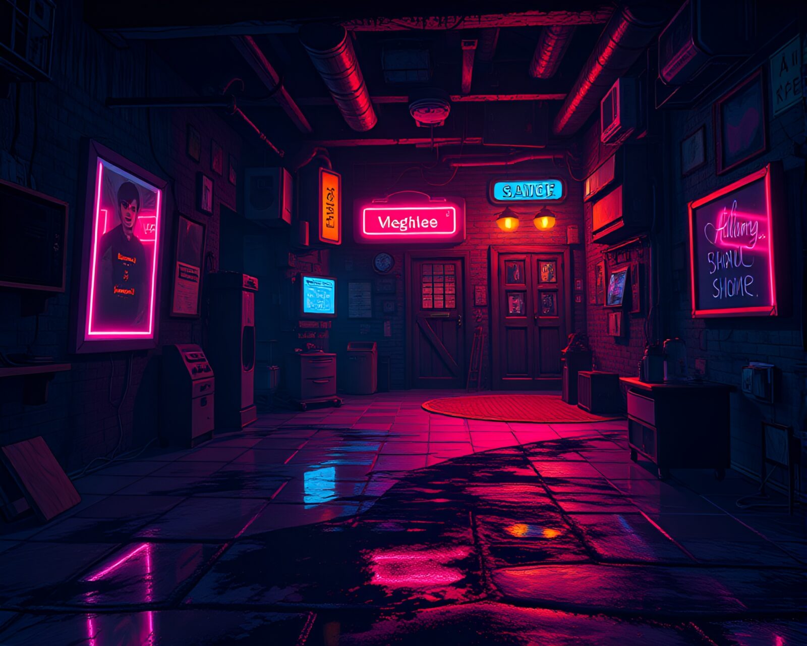 Dark attic with neon reflections and dwarf silhouette