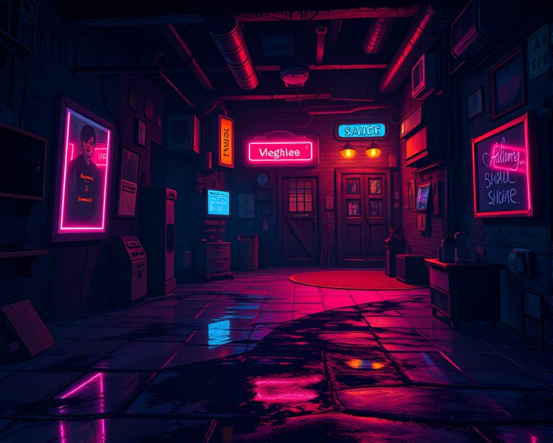 Neon Dwarf in Cyberpunk Attic Shadow Illustration – free AI stock image