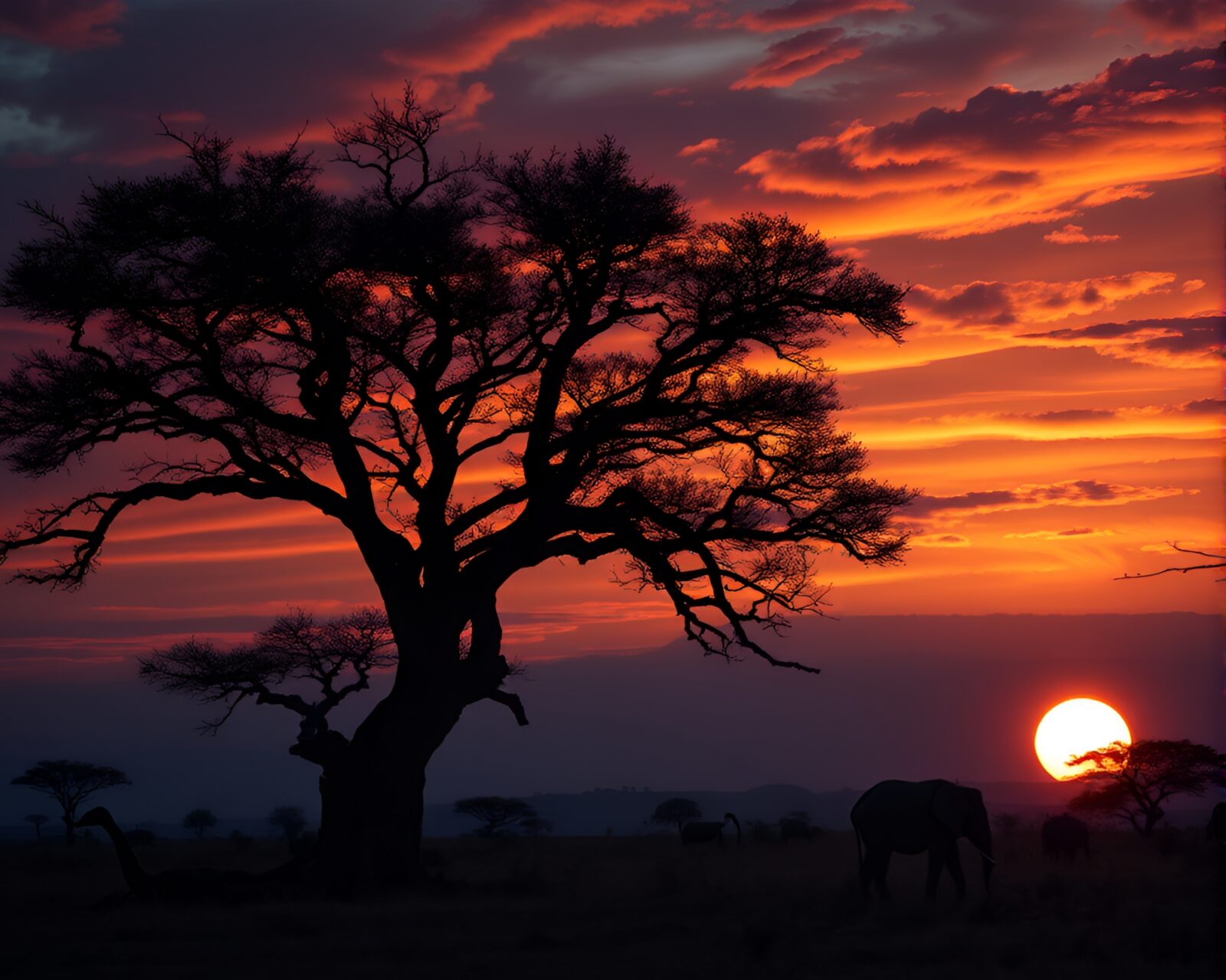 Ethereal savanna sunset with ghostly shades and glowing candlelight