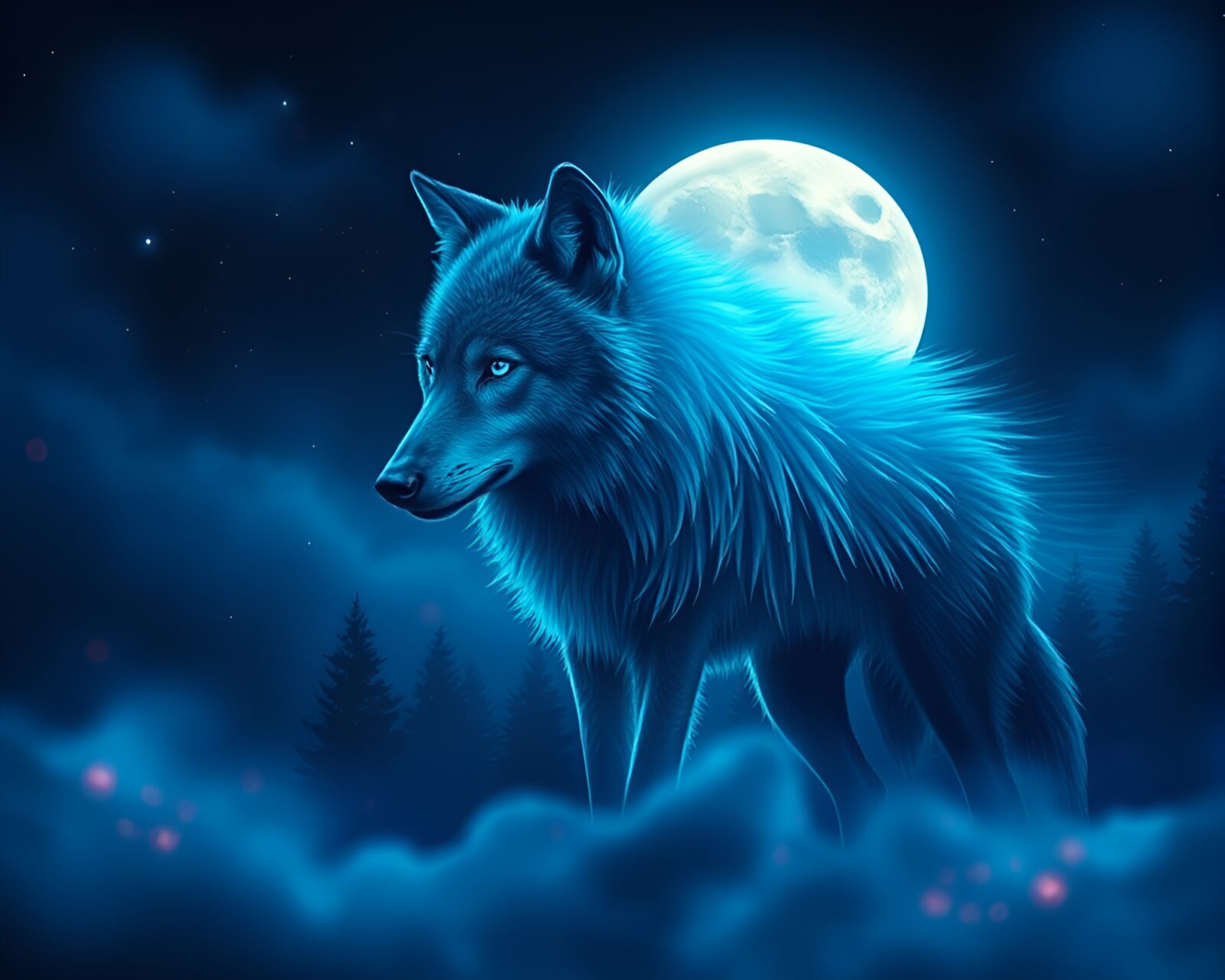 Ethereal holographic wolf under moonlight on empty canvas