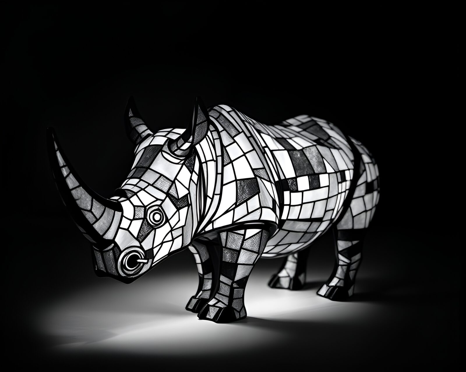 Monochrome mosaic of a rhinoceros in lantern light