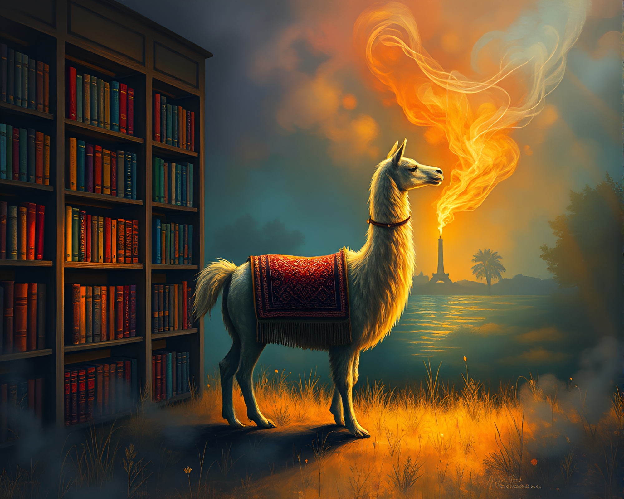 Llama in Colorful Candle Smoke Library Light – free AI stock image