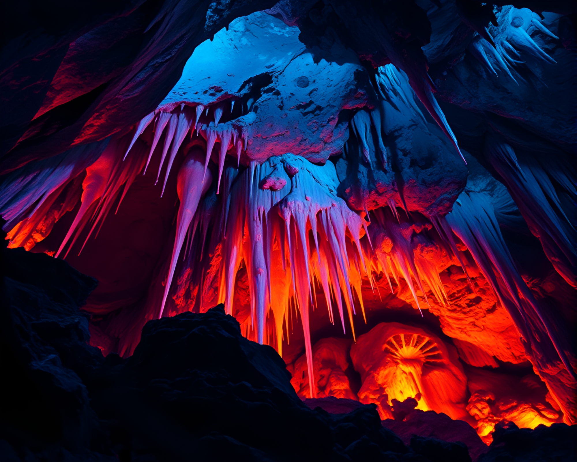 Bioluminescent Cave Stalactites in Action Painting Style – free AI stock image