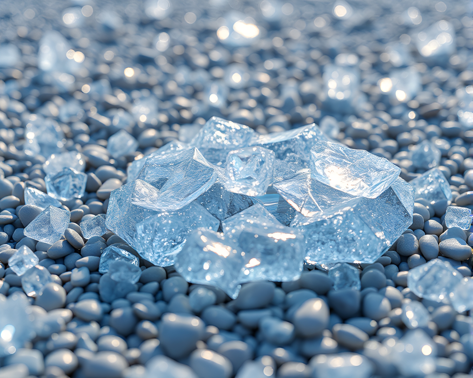 Hyper-saturated Ice Crystals on Pebble Beach – free AI stock image