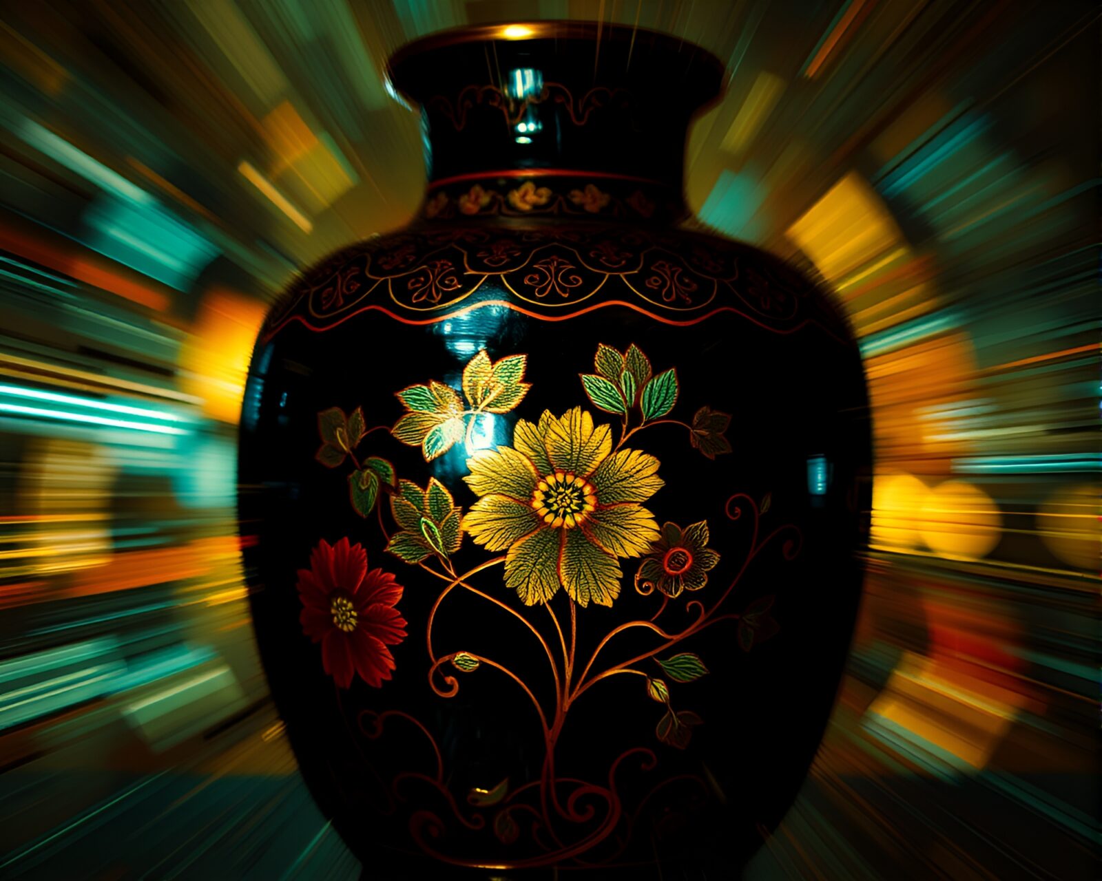 Elegant vase in swirling motion blur under kaleidoscope lighting