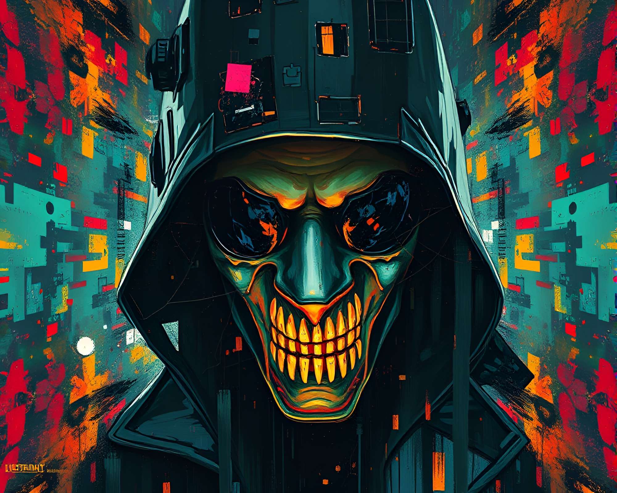 Cyberpunk Vigilante in Kaleidoscope Cityscape – free AI stock image