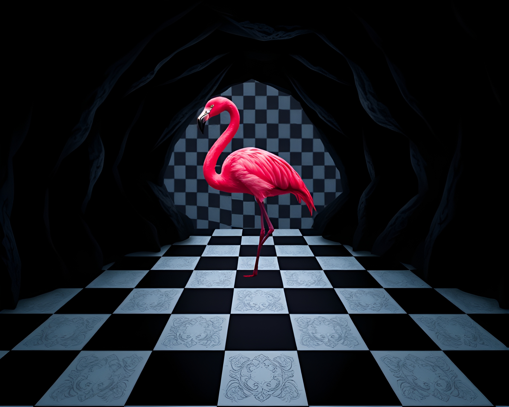 Flamingo Geometry in Dark Cave Entrance – free AI stock image