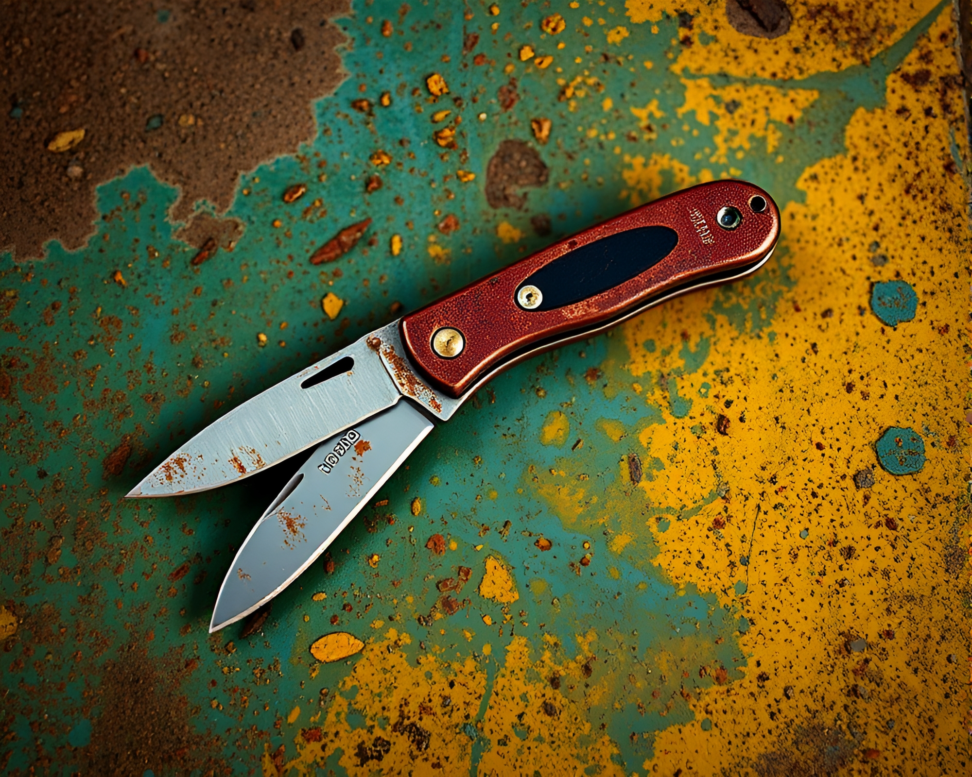 Mysterious Rusty Pocketknife in Triadic Colors – free AI stock image