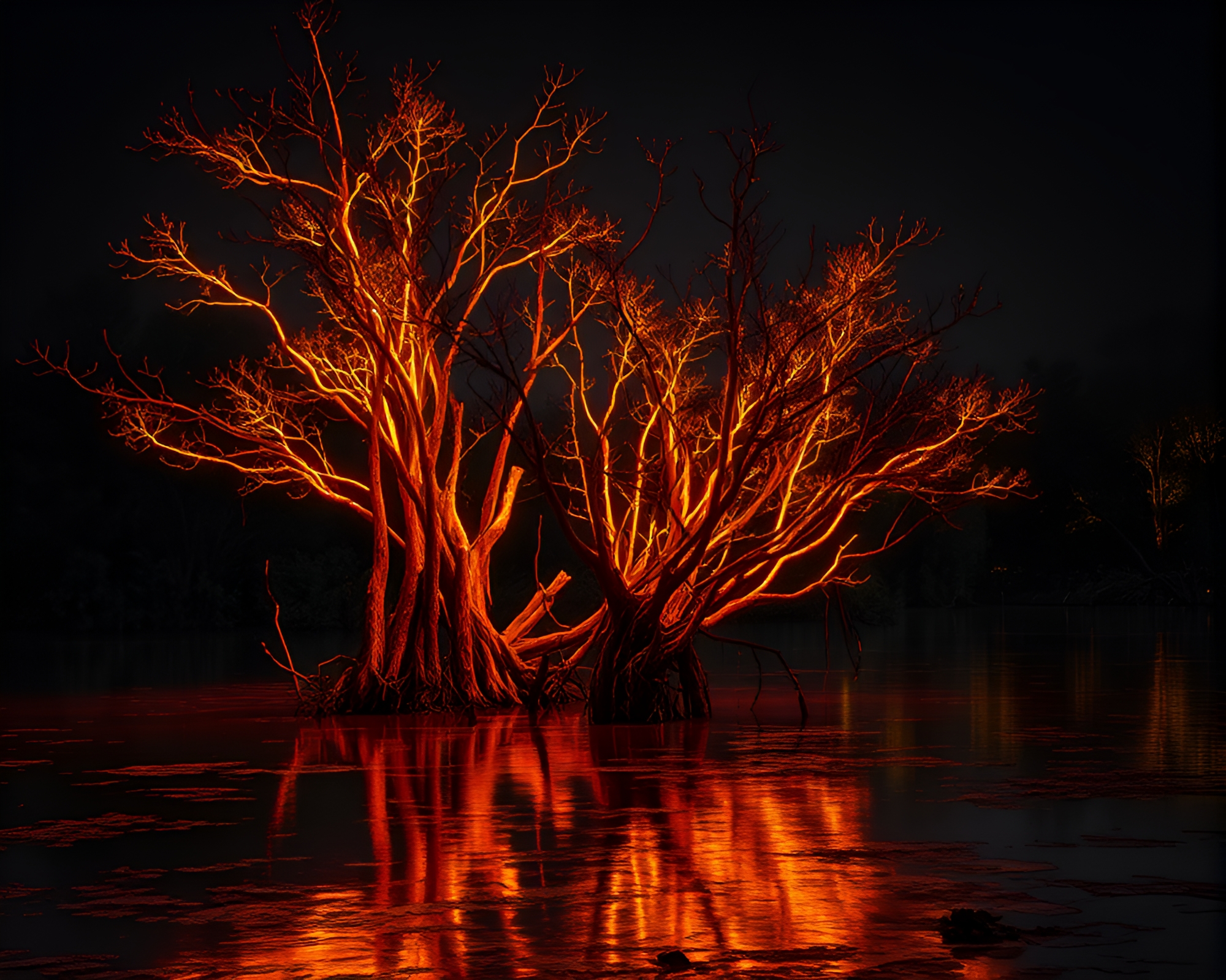 Fluorescent Mangrove Calligraphy: Rust Patina Composition – free AI stock image