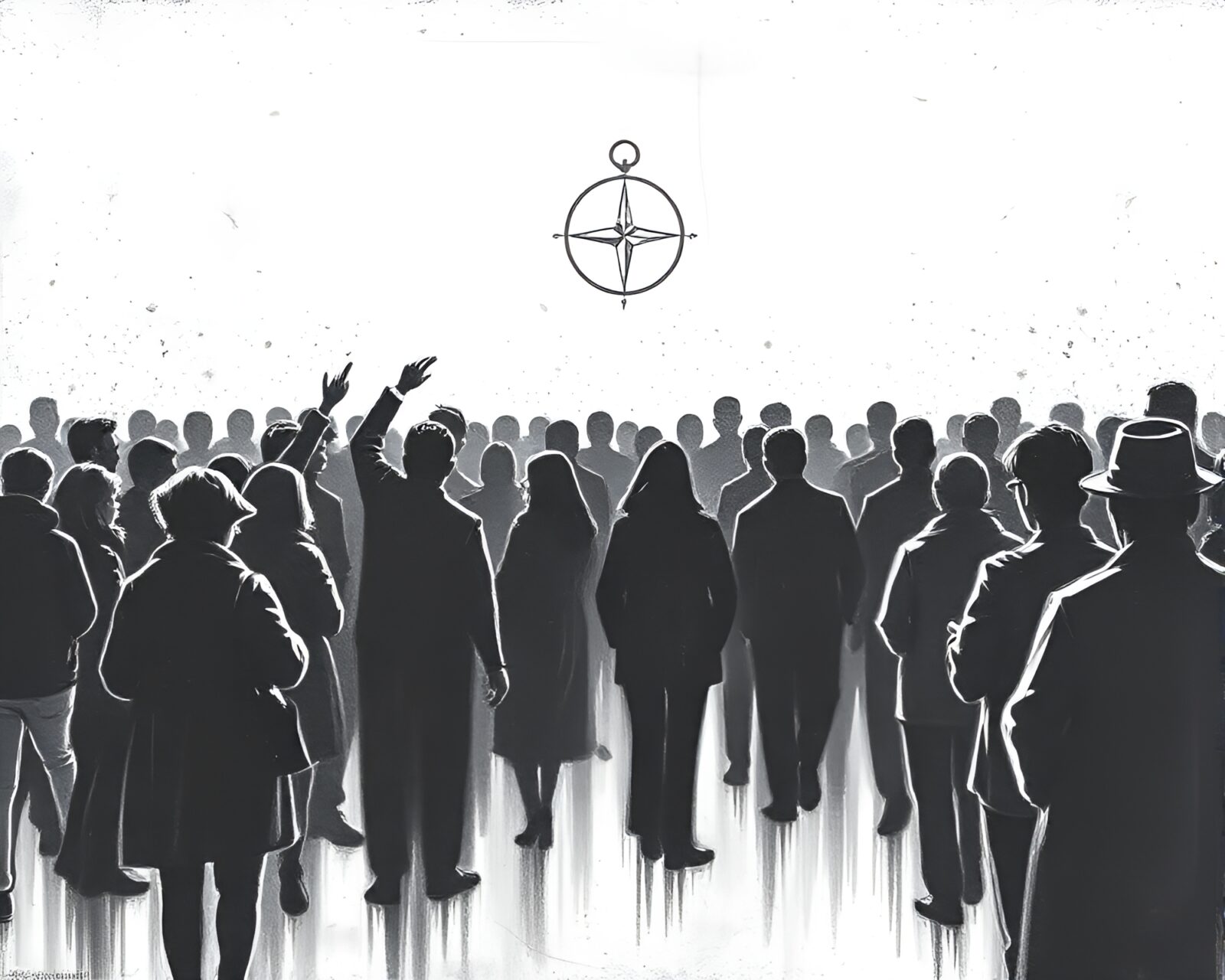 High-quality illustration of ancient compass surrounded by silhouettes