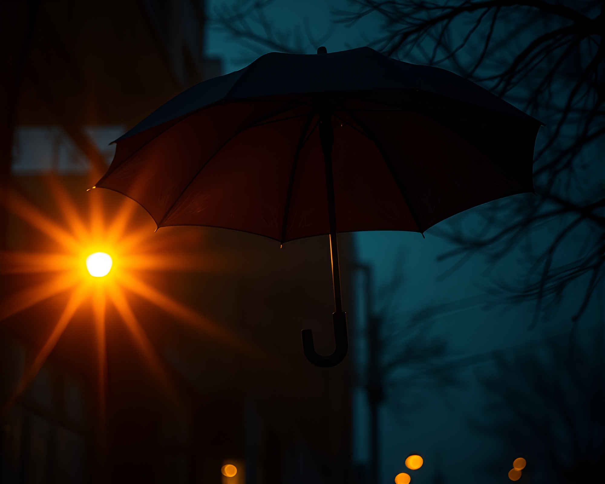 Golden Hour Noir Umbrella Through Frame Composition – free AI stock image