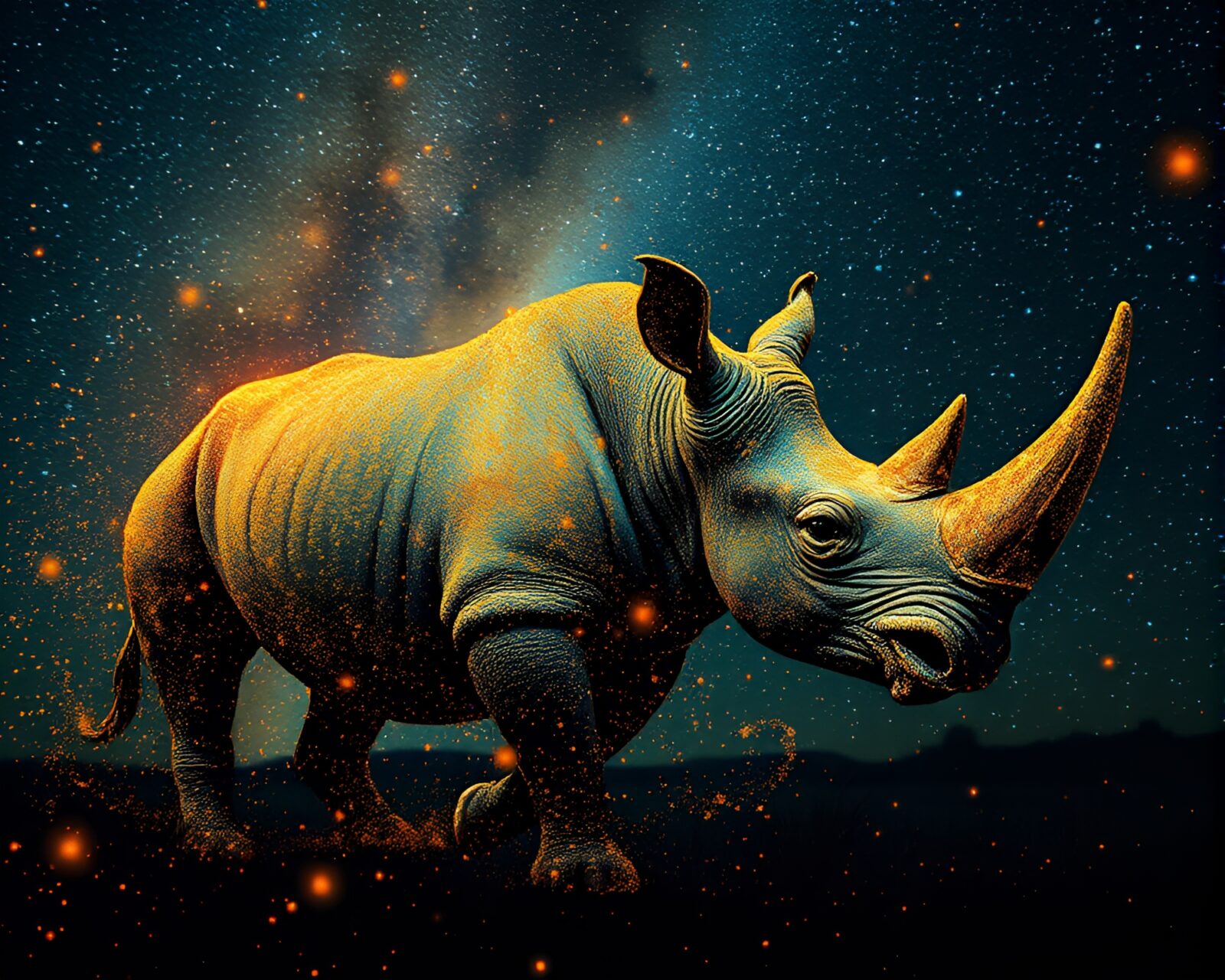 A majestic rhinoceros adorned with golden highlights amid a cosmic glitch swirl