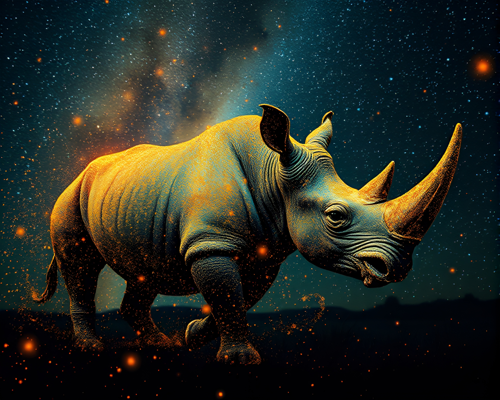 Gilded Rhinoceros Crossing Milky Way in Glitch Art – free AI stock image
