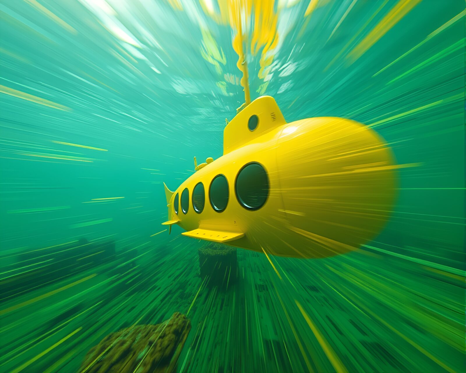 Blurred yellow submarine moving through surreal stereoscopic 3D scene