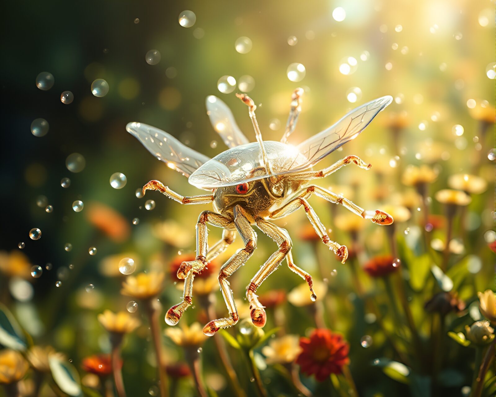 Bright overexposed lights illuminate intricate botanical illustration with nanobot swarm