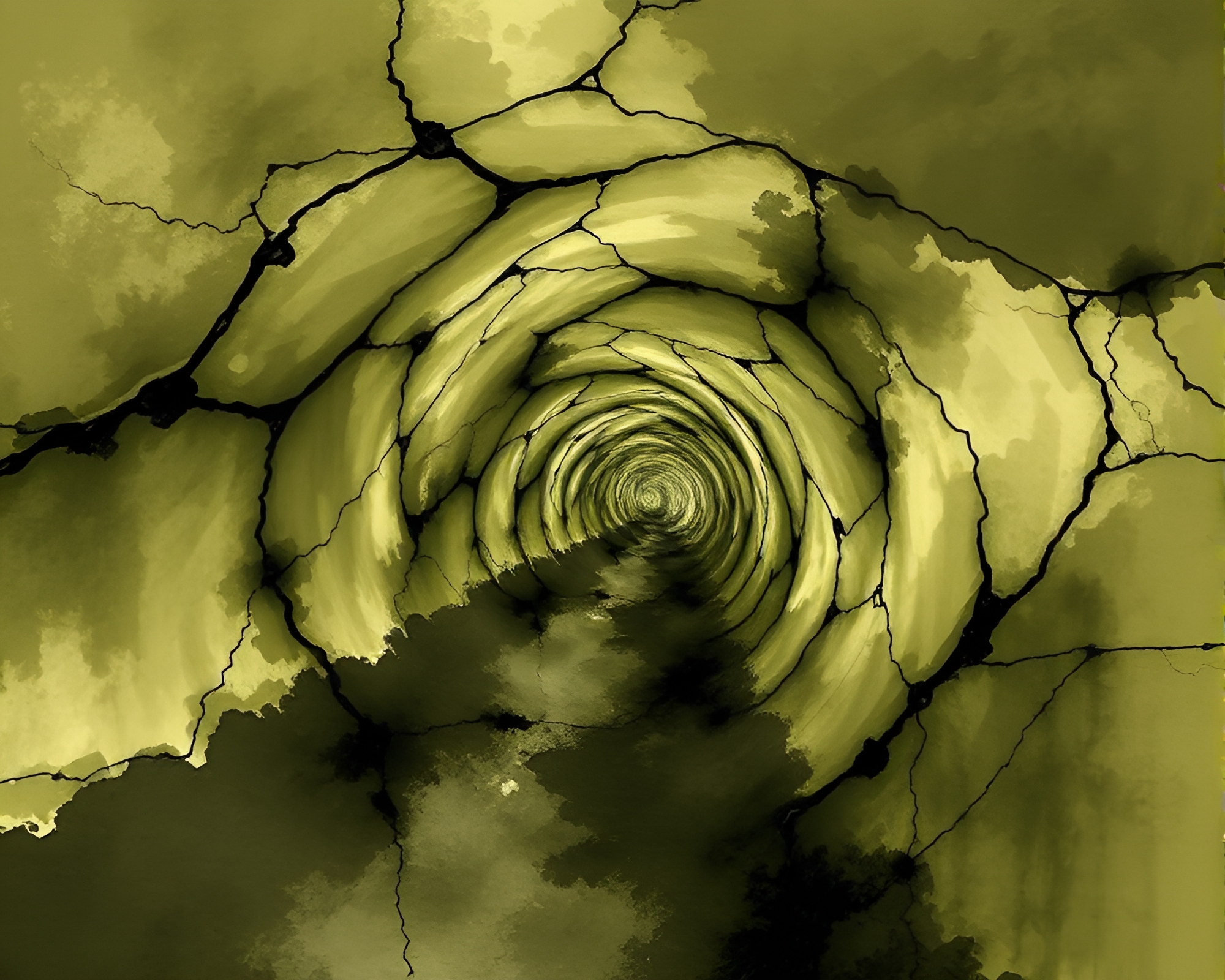 Fractal Glass Tunnel in Olive Sumi-e Brushwork – free AI stock image