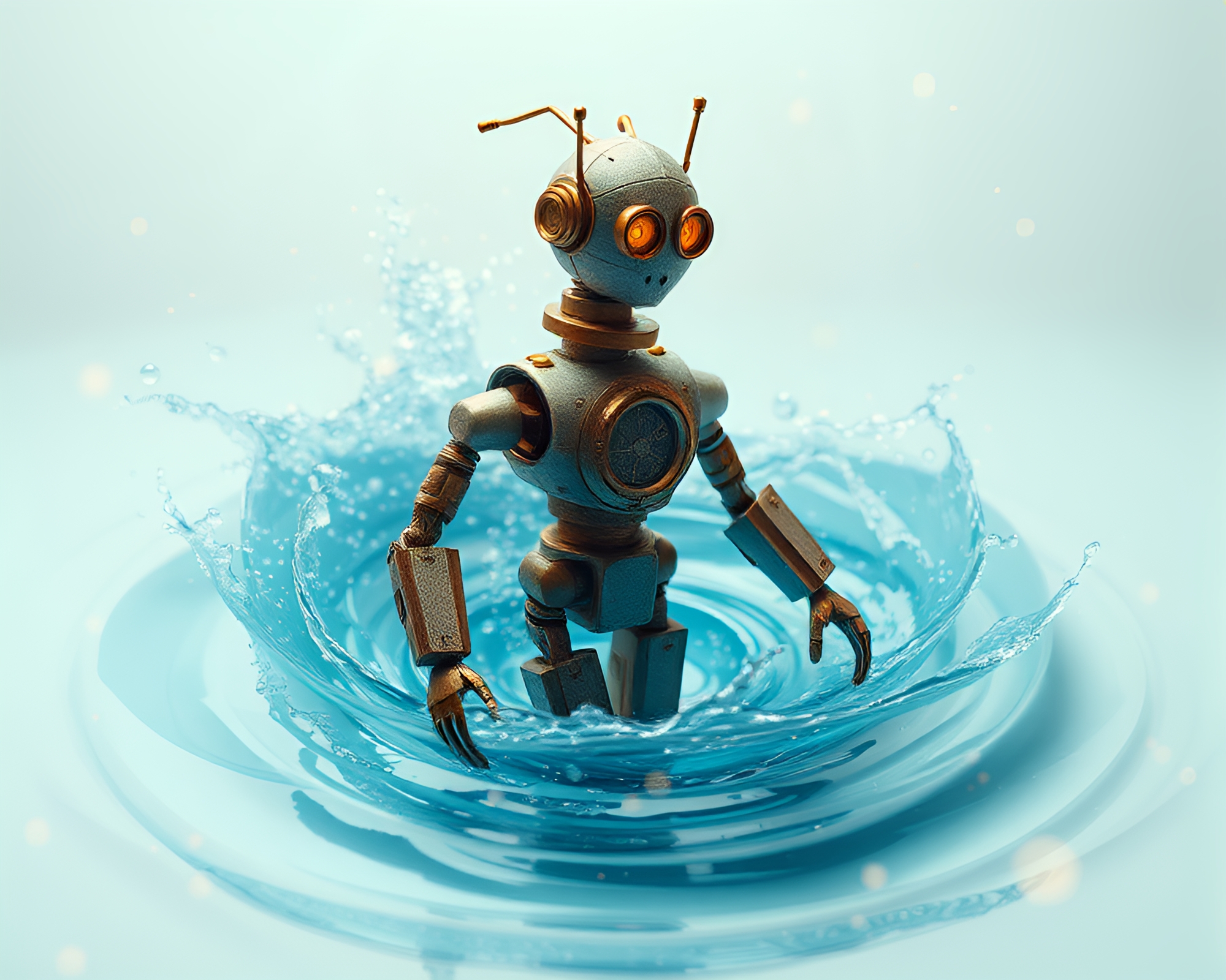 Steampunk Robot Awakens Amidst Water Whirlpool Origami – free AI stock image