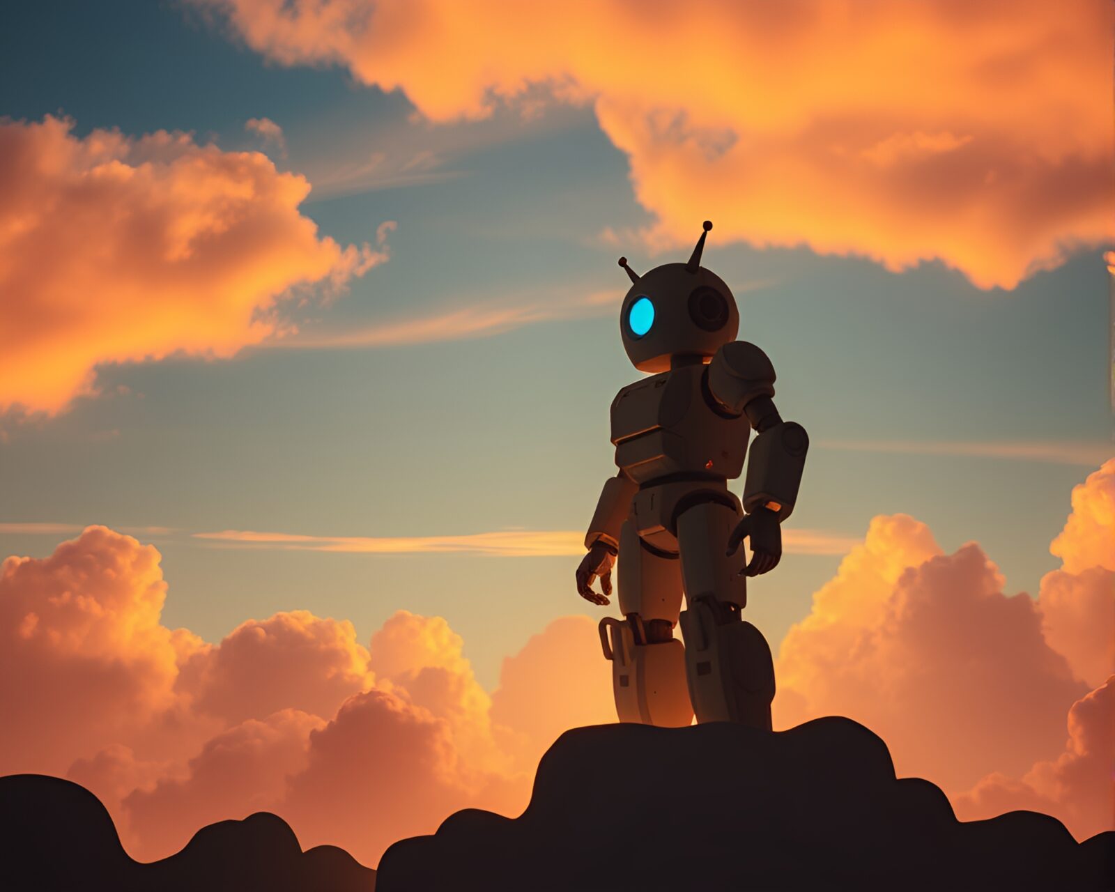 Futuristic robot amidst dynamic cloud formations under dramatic rim lighting