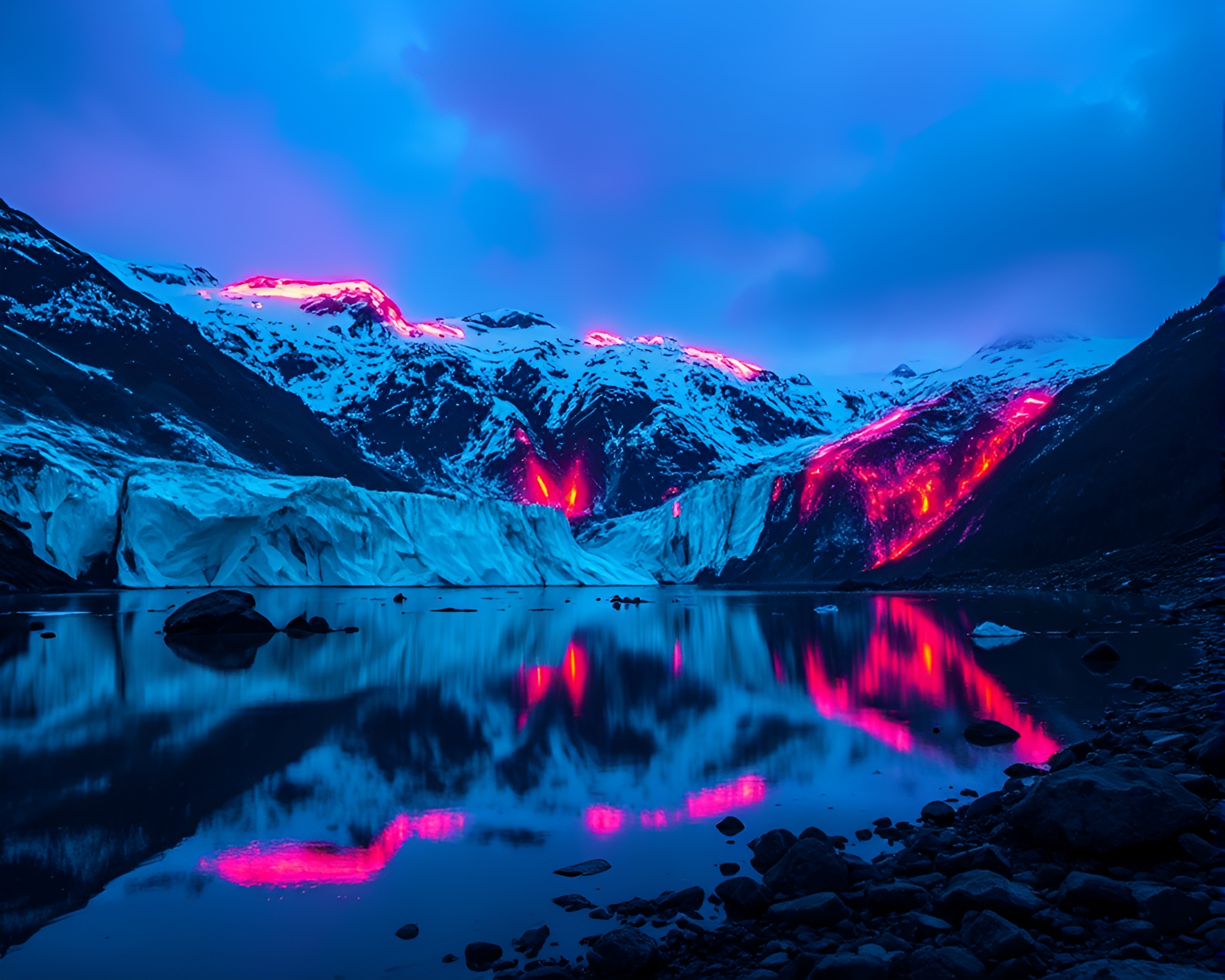 Neon Glacier Reflections in Colorful Fireplace Flicker – free AI stock image