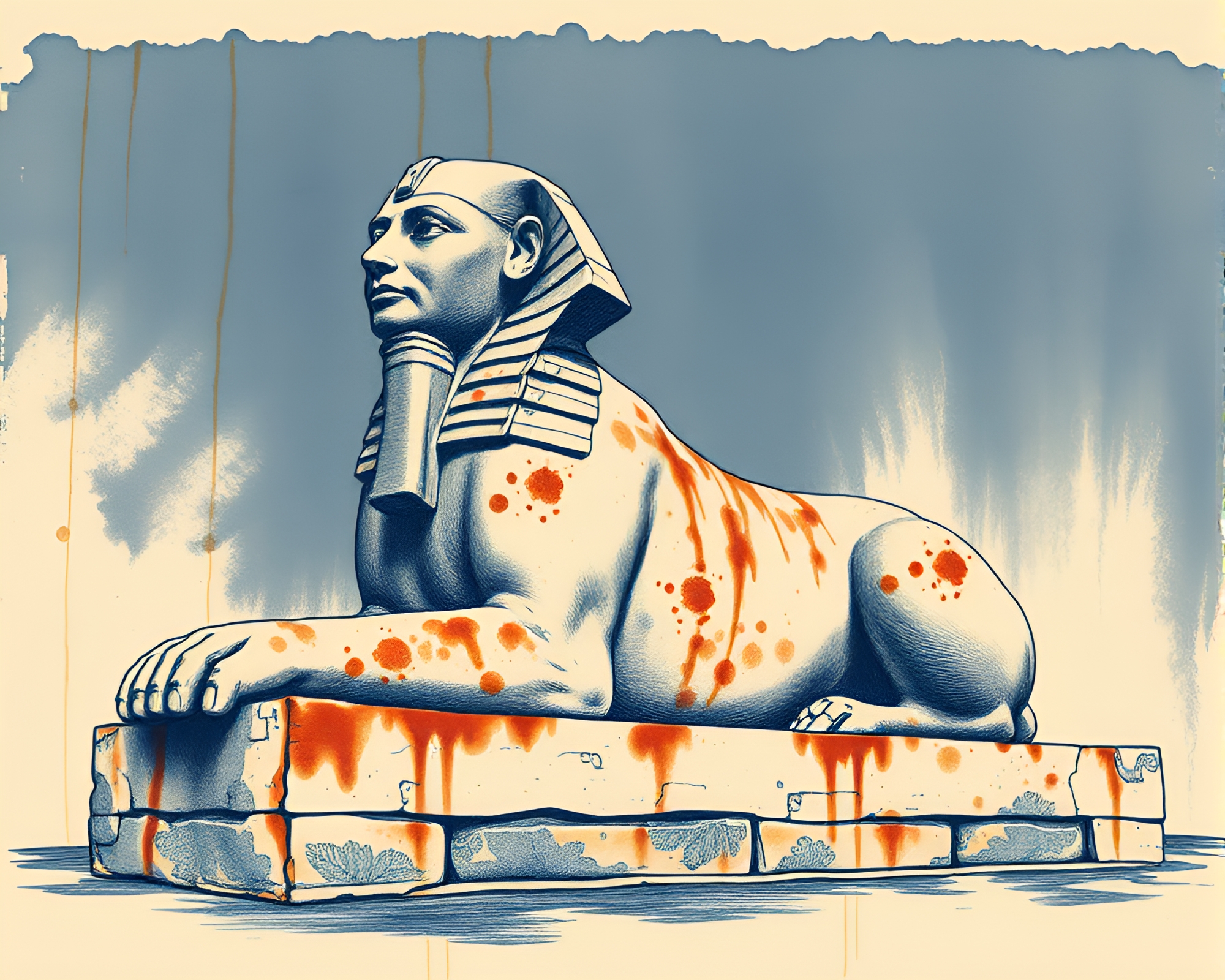 Sphinx Statue in Indigo Botanical Mystery – free AI stock image