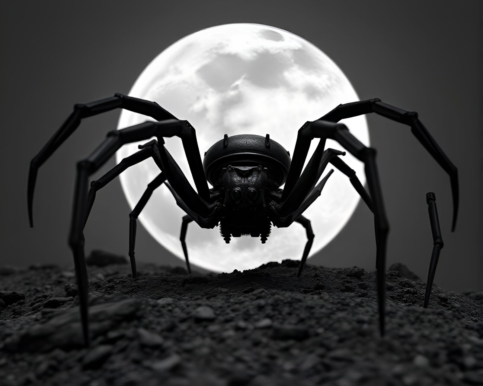Detailed hyper-realistic rendering of a mechanical spider under a grayscale moon