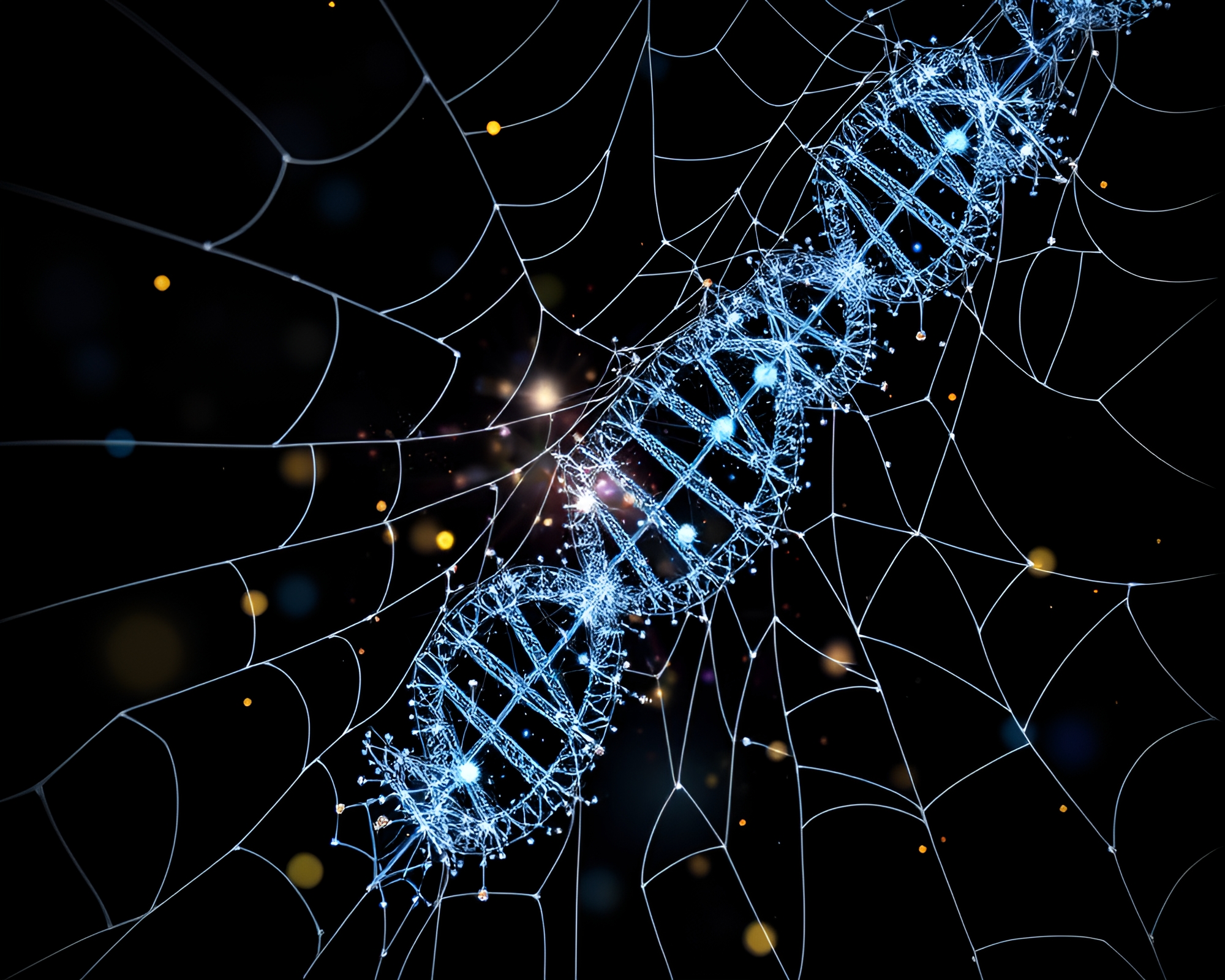 DNA Helix Illuminated by Fairy Light Cobwebs – free AI stock image