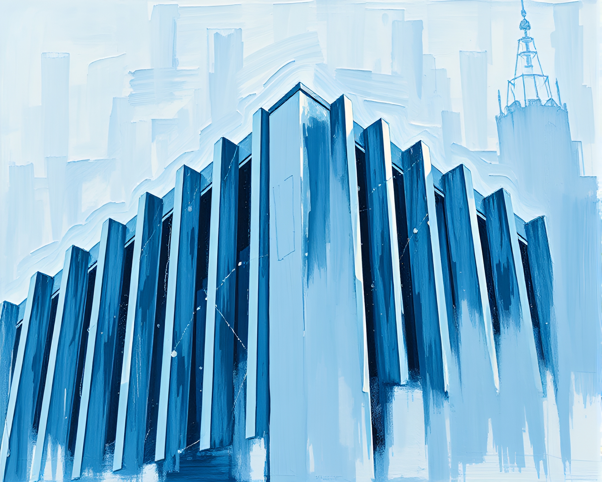 Impasto ice-blue Brutalist building: color splash composition – free AI stock image