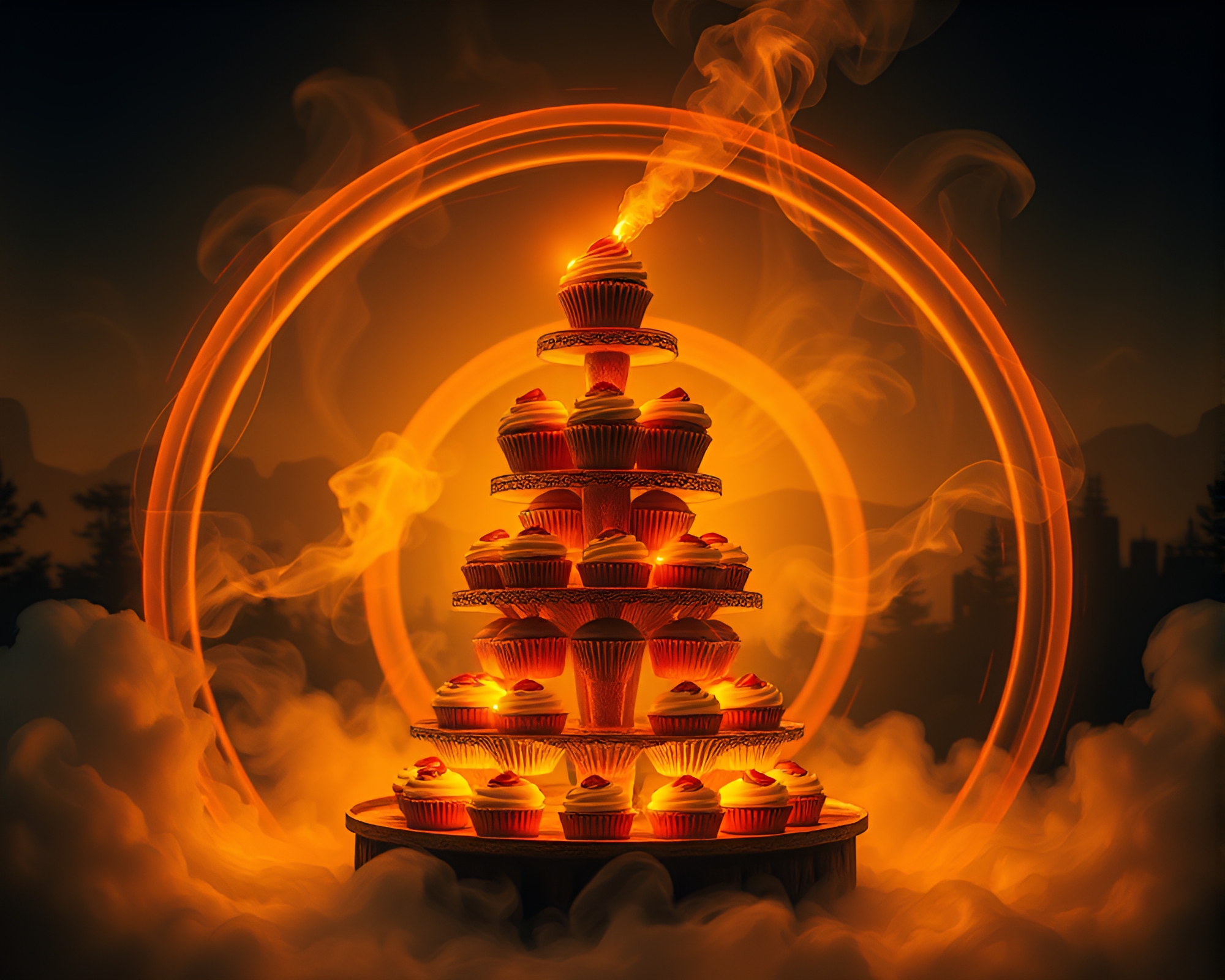 Cupcake Tower Smoke Rings Landscape Etching Art – free AI stock image