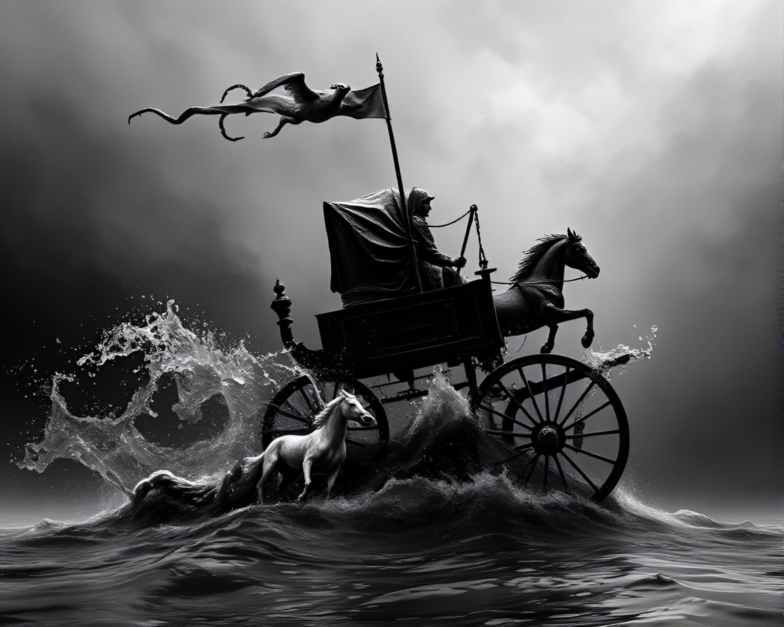 Photorealistic depiction of a chariot surrounded by black water