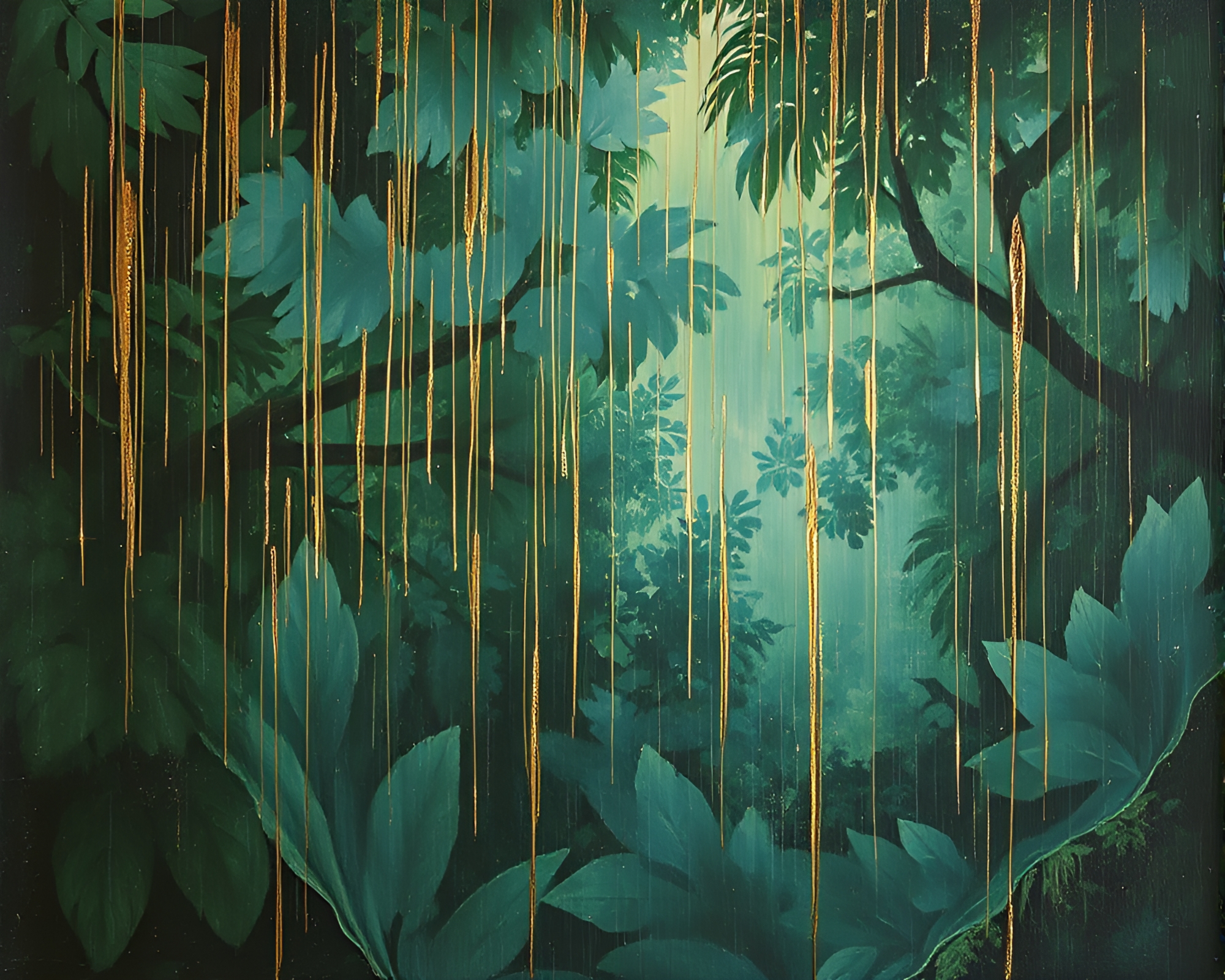 Metallic Rainforest Canopy: Vintage Oil Painting – free AI stock image