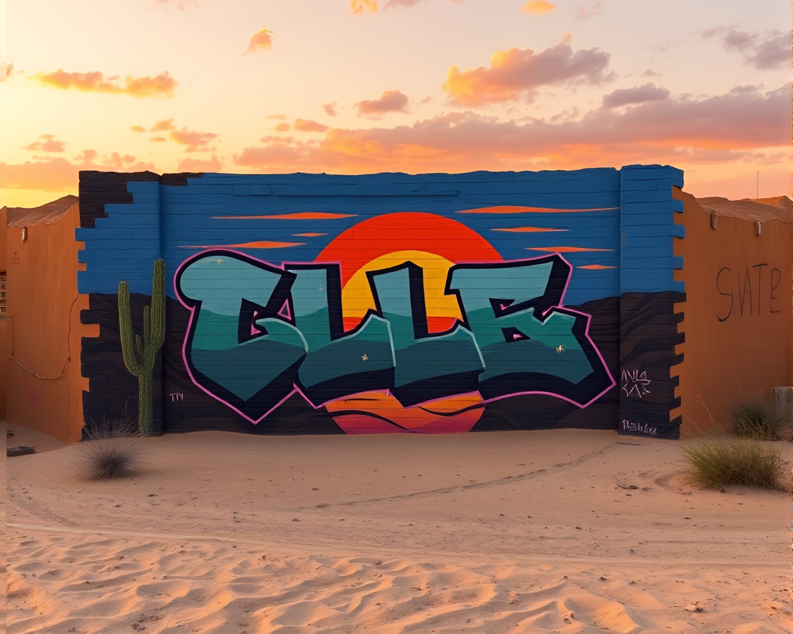 Vibrant mural graffiti depicting futuristic VR desert oasis at sunset