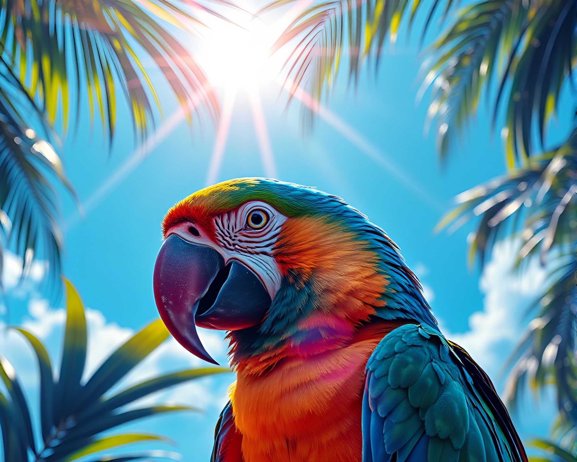 Tropical Parrot Basking in Vaporwave Sun Glare – free AI stock image