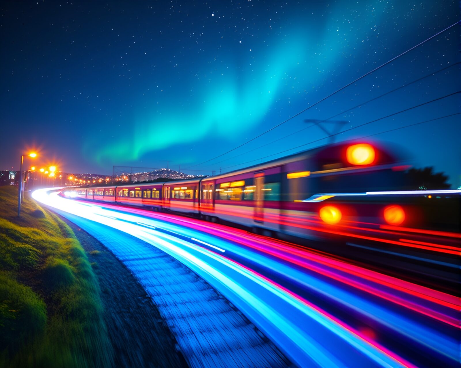 Enchanting unicorn carriage with light trails in cosmic hues