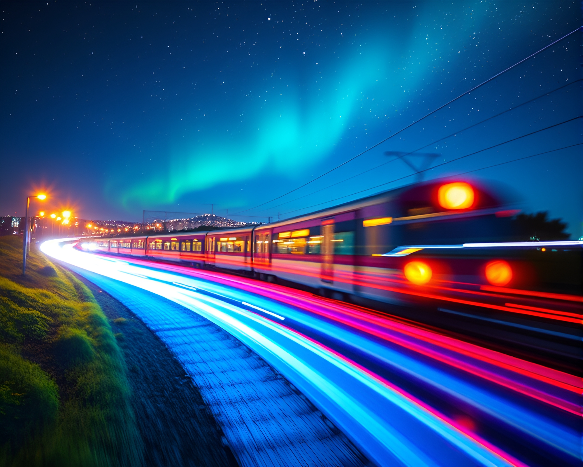 Magical Unicorn Train Light Trails in Galaxy Blue Hour – free AI stock image