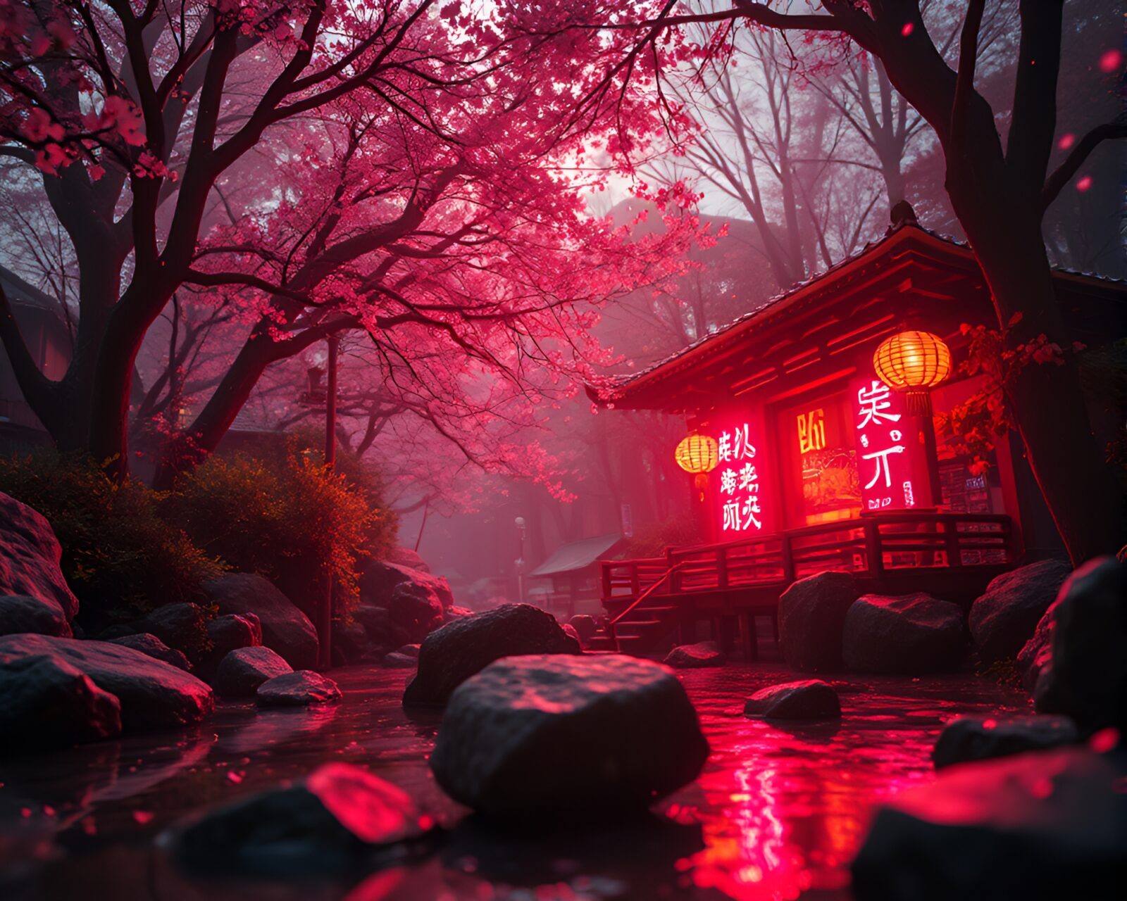 Graphic novel style low-angle shot of holographic hot spring