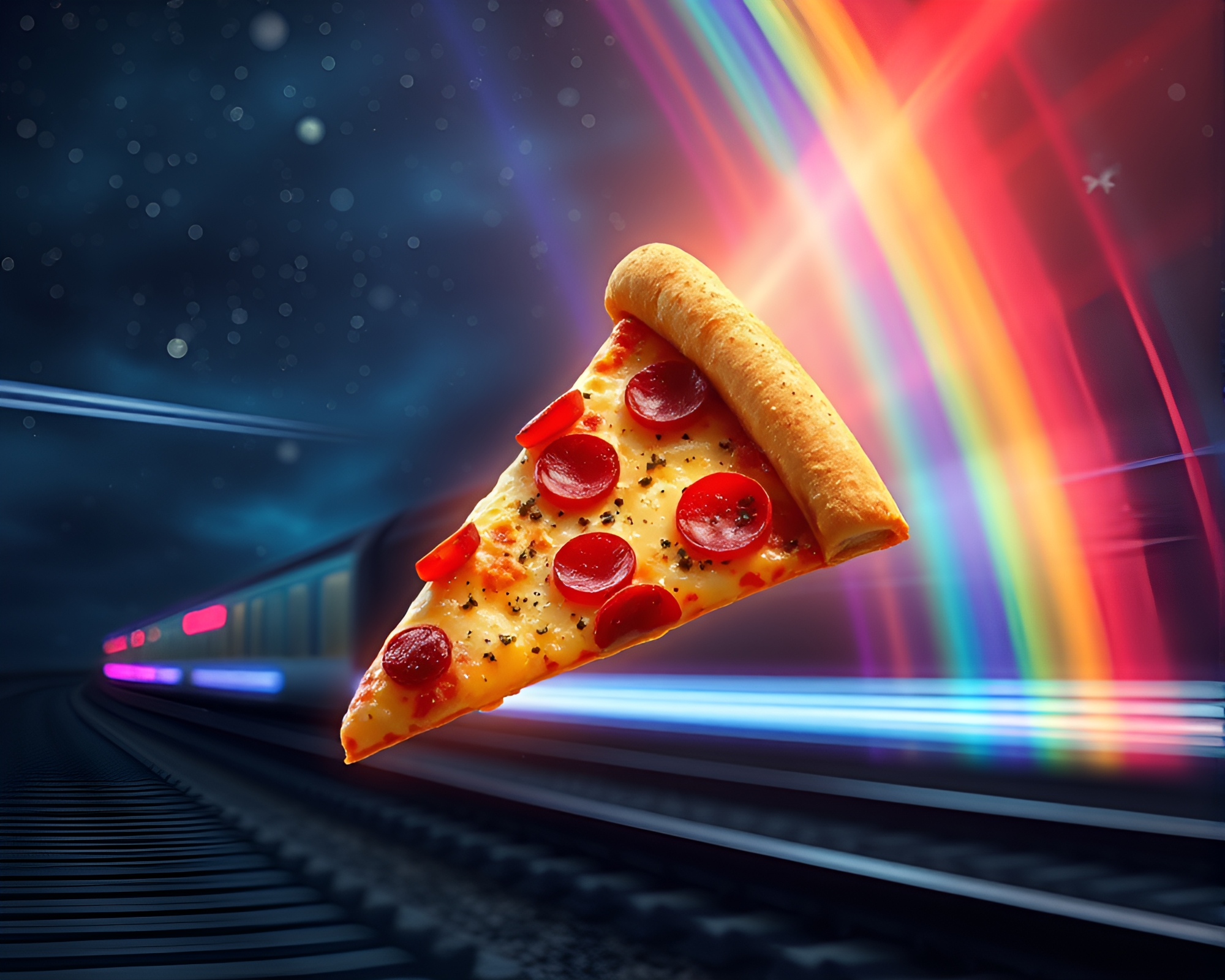 Cosmic Pizza Journey: Train Light Trails – free AI stock image