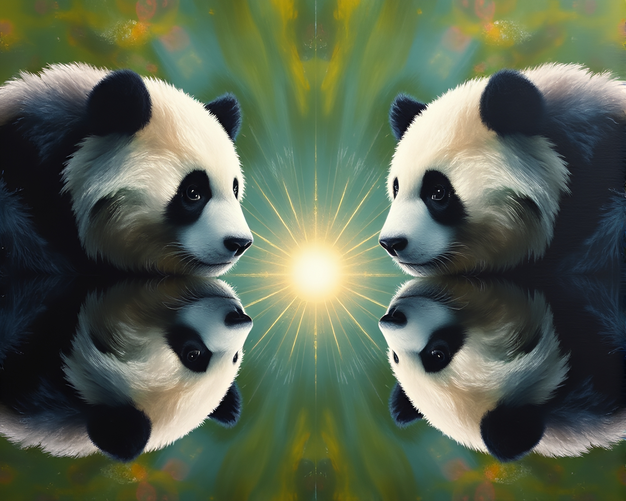 Mirror Symmetry Panda with Lens Flare Burst – free AI stock image