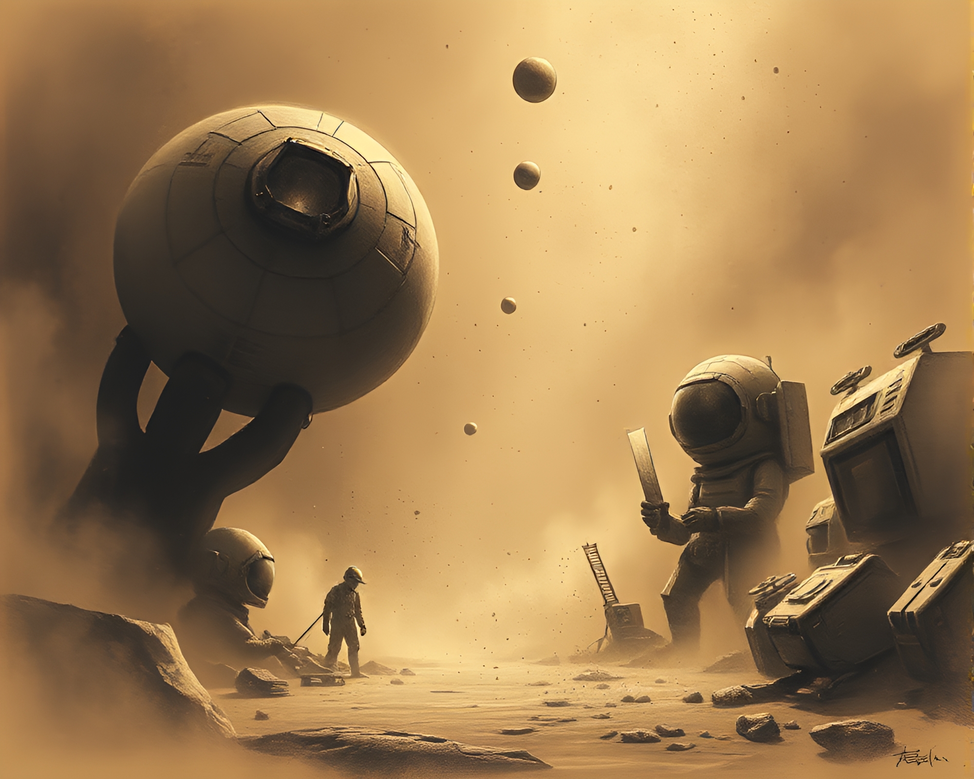 Futuristic Space Habitat with Sepia Street Art Tags – free AI stock image