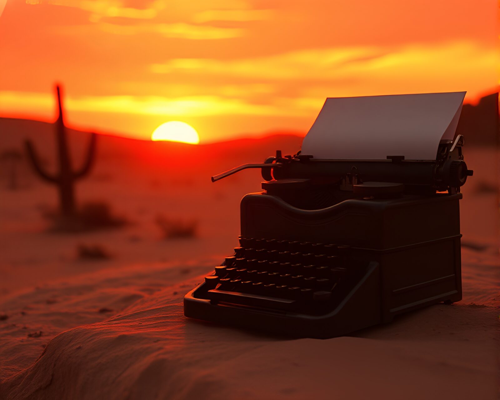 Antique typewriter under desert sunset with film burns