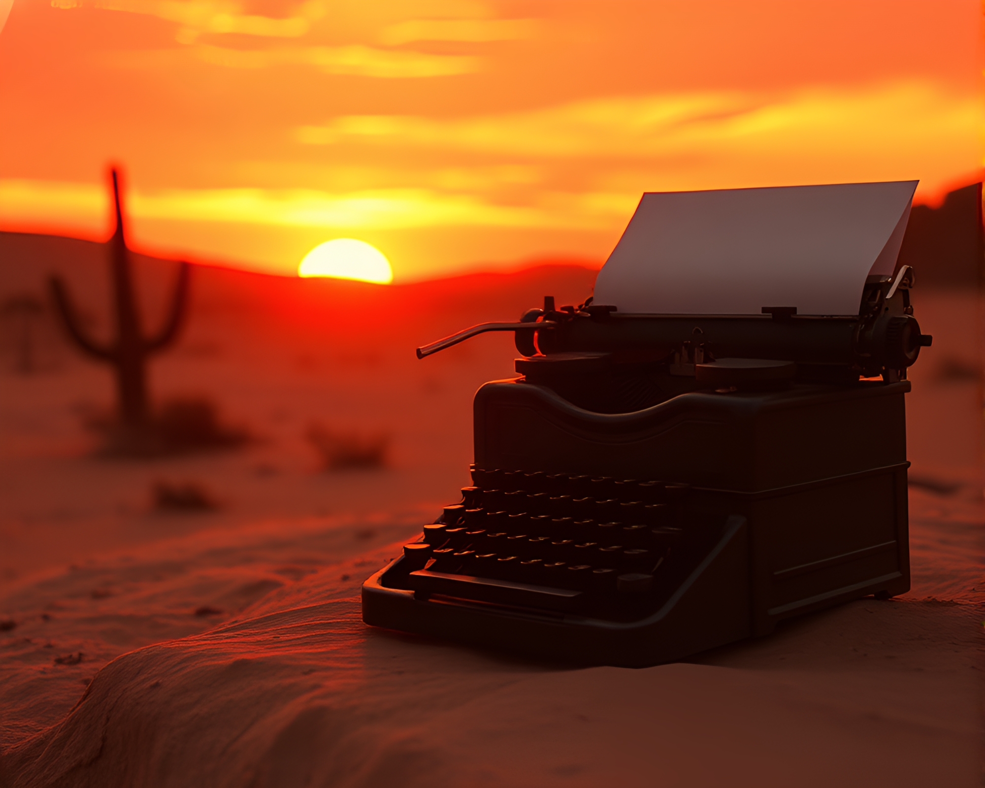 Vintage Typewriter in Desert Sunset Film Burn – free AI stock image