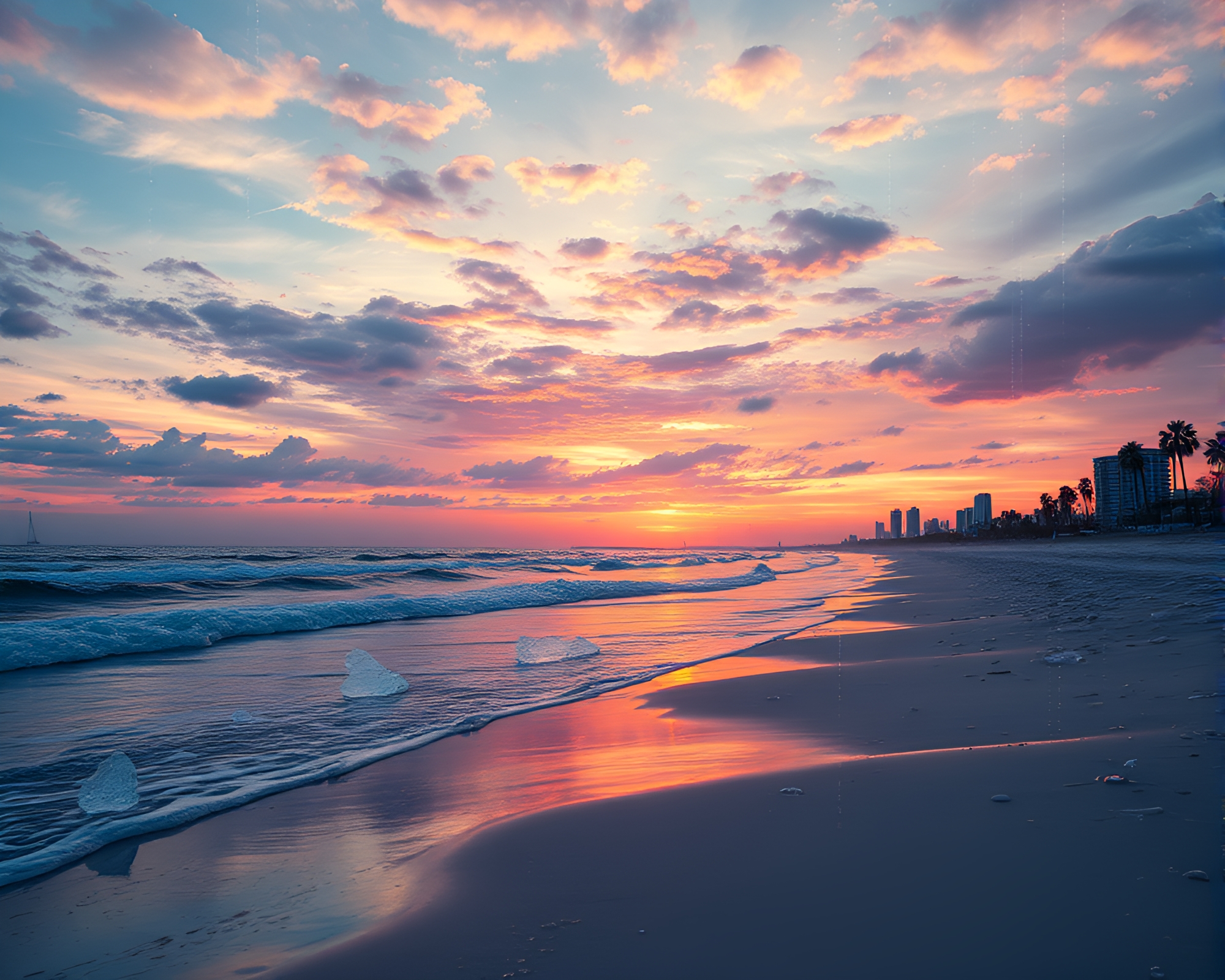 Futuristic Beach Sunset with Ice Crystal HUD Overlay – free AI stock image